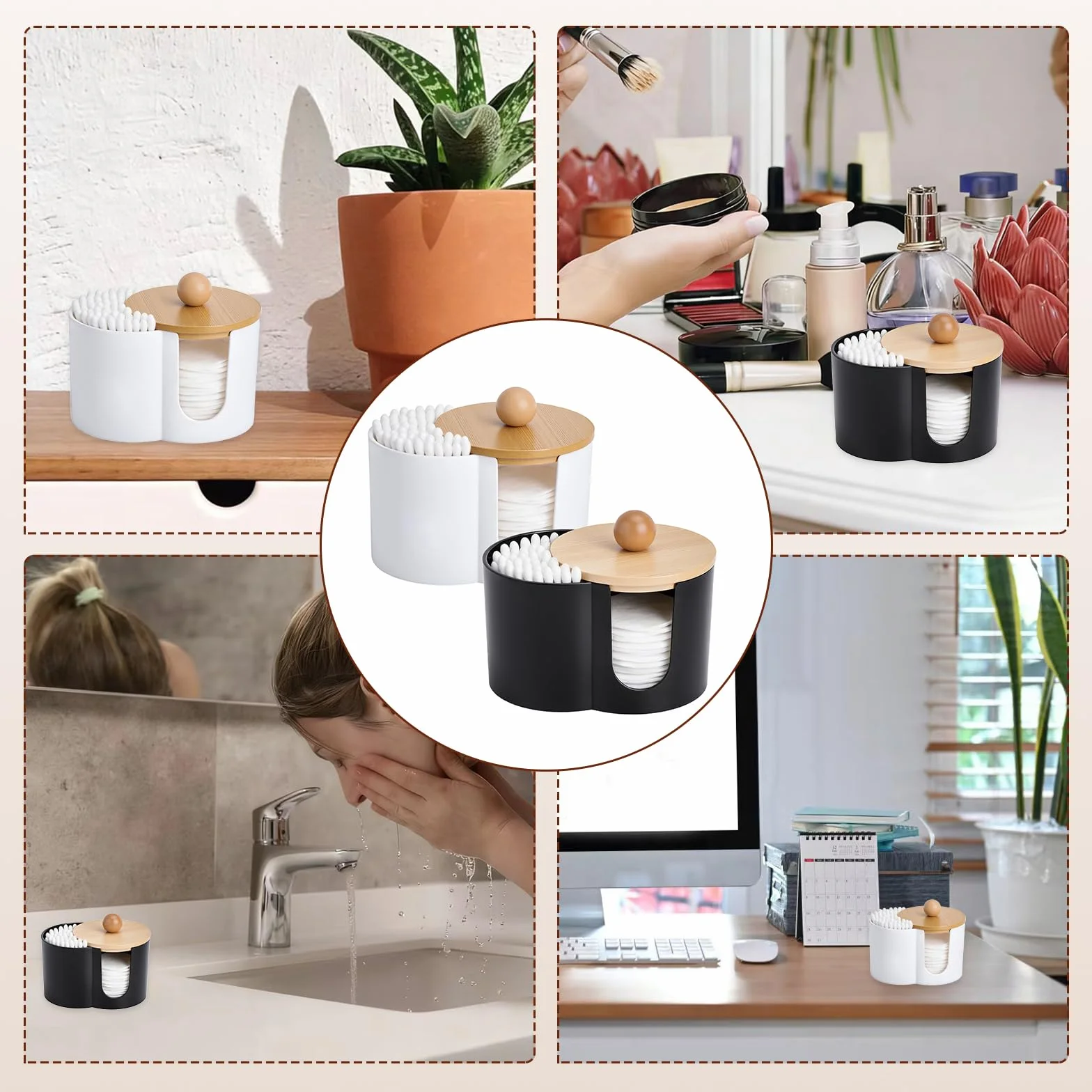Cotton Swab Dispenser de 2 Piezas, Soporte para Discos de Algodón y Bastoncillos con Tapa, Dispensador Discos Desmaquillantes de Plástico para el Cuarto de baño, el tocador y el Salón