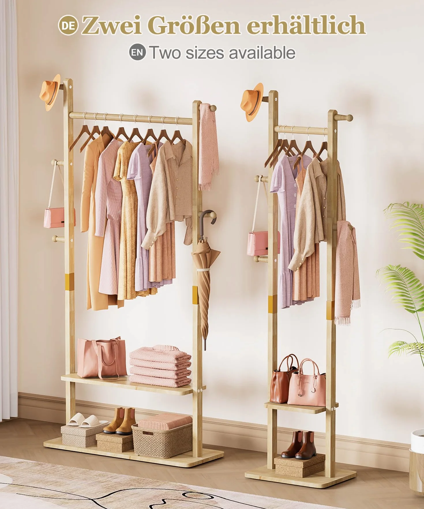 YORBAY Perchero de madera de pie: Burro Ropa con 2 estantes, 5 ganchos y 1 barra, ideal para guardar ropa, sombreros, chaquetas y bolsos, ideal para sala de estar Recibidor Dormitorio