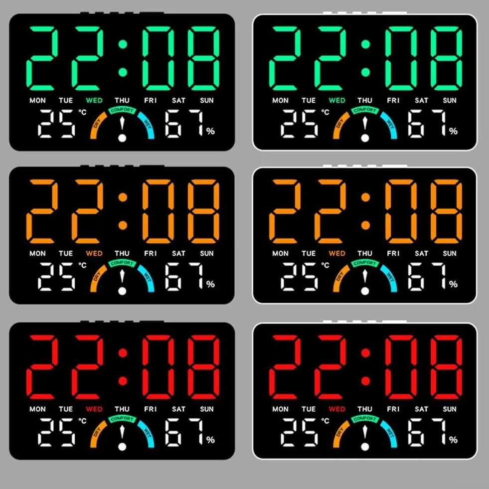 Reloj digital LED grande con indicadores de hora, humedad, temperatura, fecha, alarma y nivel de comodidad, diseñado para colgar en la pared o configuración plana (azul)