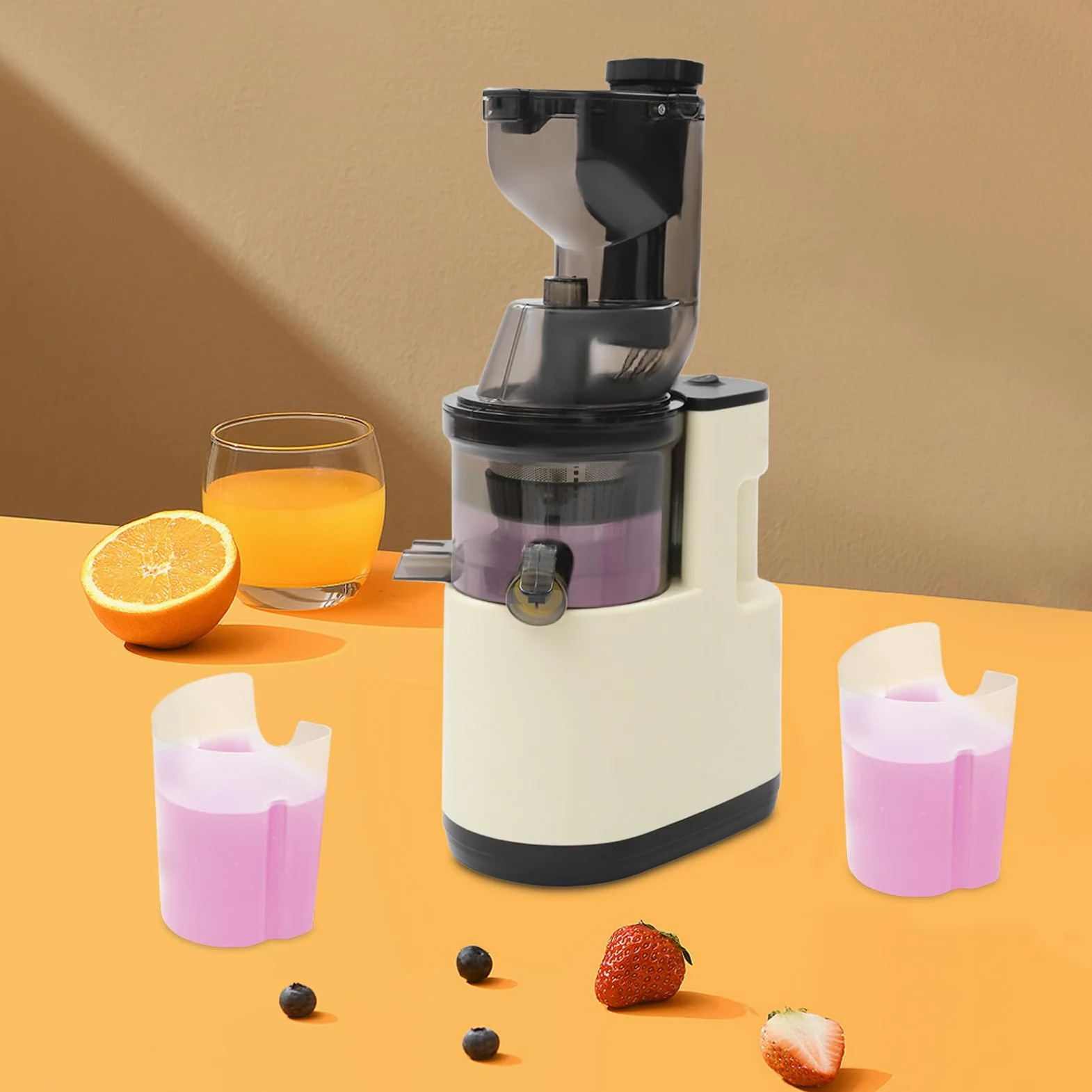 Exprimidor eléctrico, 500 W, exprimidor lento de frutas y verduras, batidos, negro/rojo/blanco, colador de acero inoxidable, apto para zumo y zumo, fácil de limpiar con el cepillo (blanco)
