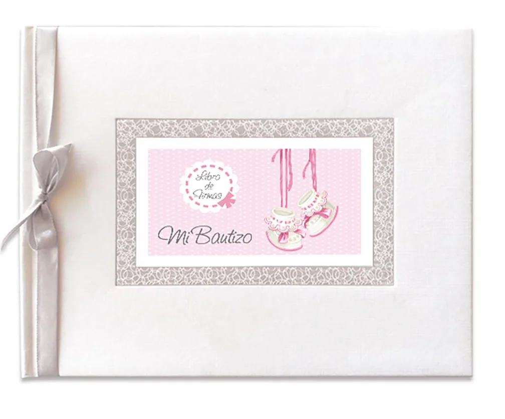 Libro de firmas bautizo bebe niña, libro visitas medidas, 27,5 x 23 x 2, 64 paginas, tapa dura, forrada gua Flex, con lazo plateado, más porta móviles personalizable, para poner la foto del bebe