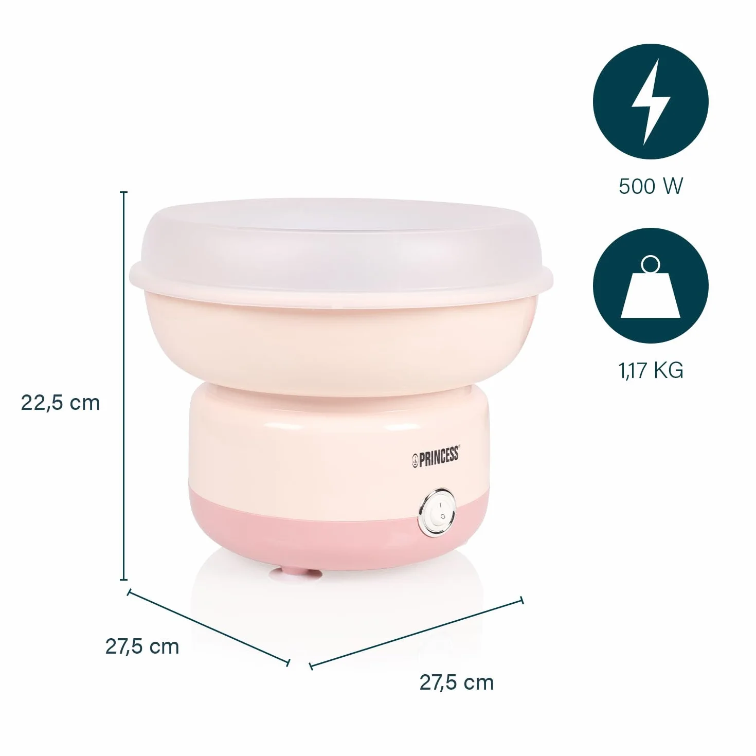 Princess Máquina de Algodón de Azúcar, 500W, Diseño Compacto, Piezas Aptas para Lavavajillas, Incluye Palitos y Cuchara Medidora, BPA-Free, Pies Antideslizantes, Fácil de Usar, 292990