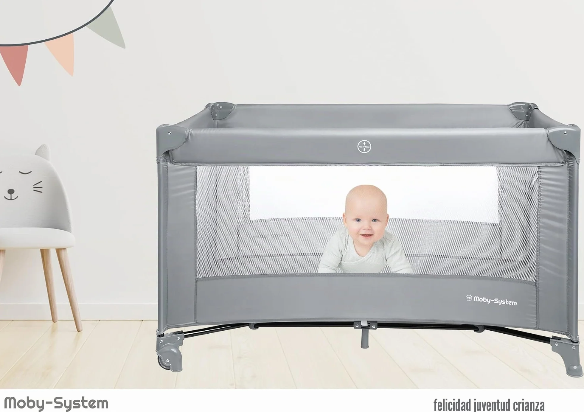 Moby-System Cuna de Viaje para Bebé – Parque Cuna 2 en 1 con Colchón Plegable, 2 Alturas, Ruedas con Freno y Bolsa – Cuna Plegable con Entrada Lateral y Cambiador