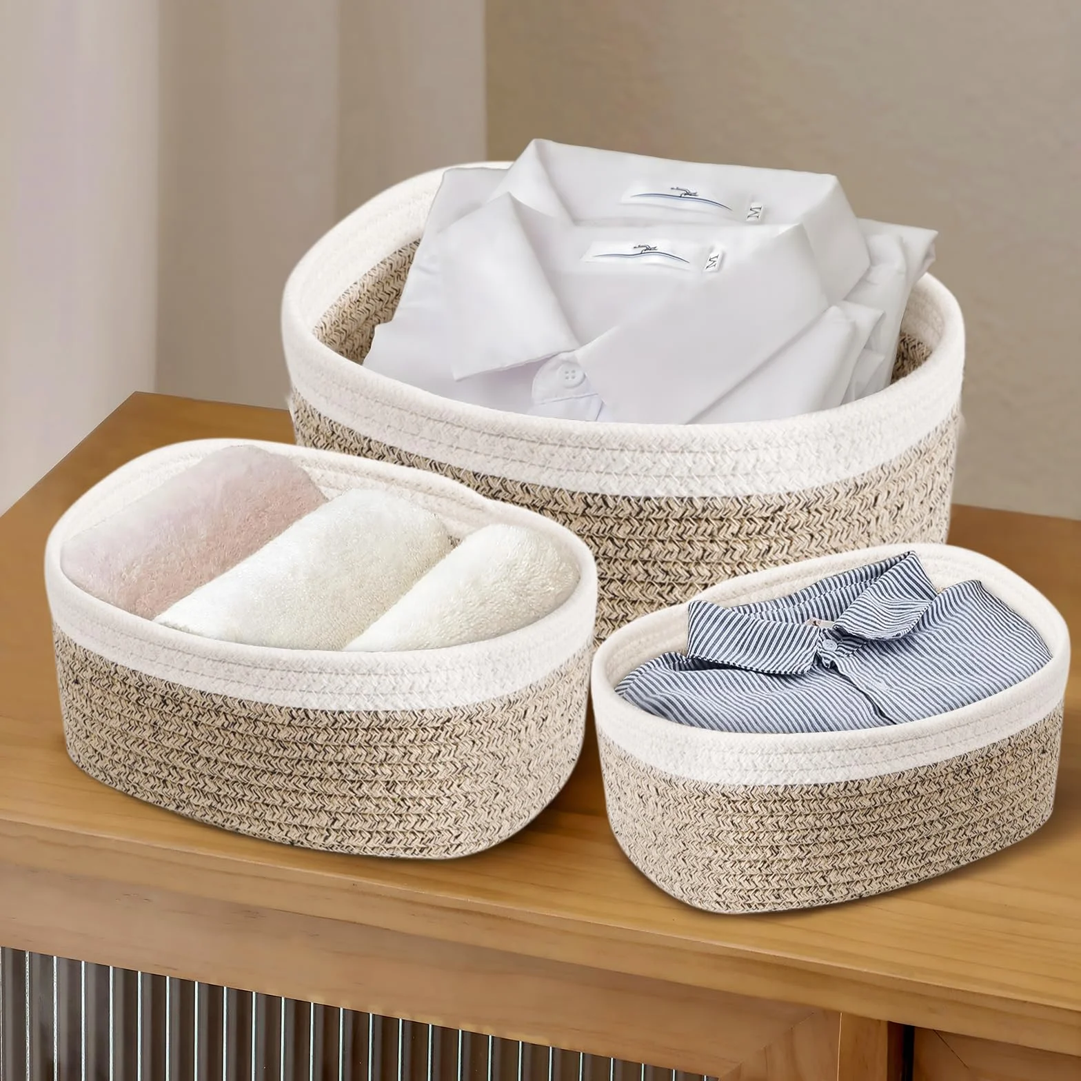FAMKEEP 5 Piezas Cestas Almacenaje de Cuerda de Algodón Juego Cajas Organización Dormitorio Baño Cocina