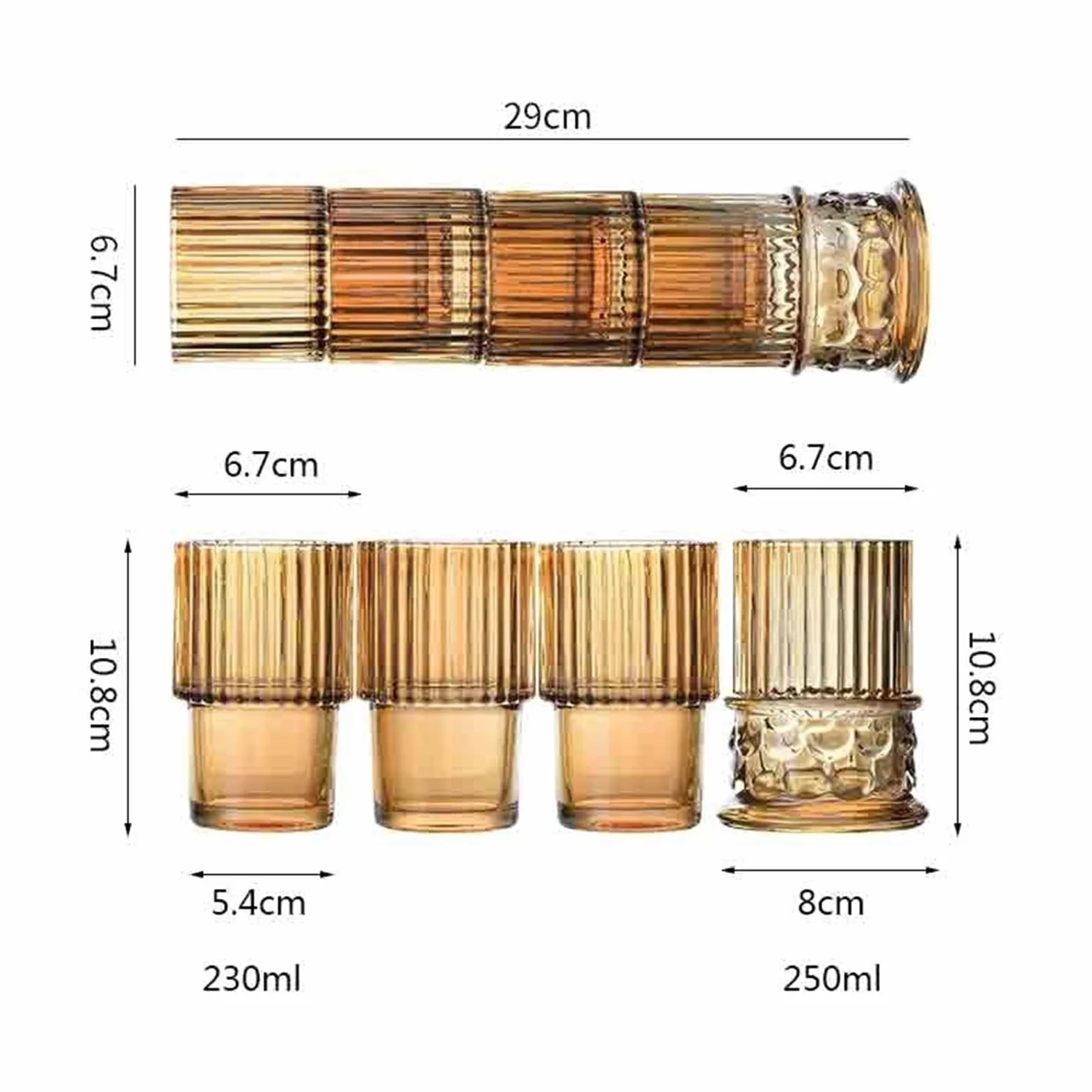 vasos de vidrio Juego de 4 vasos color ámbar, vidrio apilables con forma columna romana y relieve Cristalería de cocina