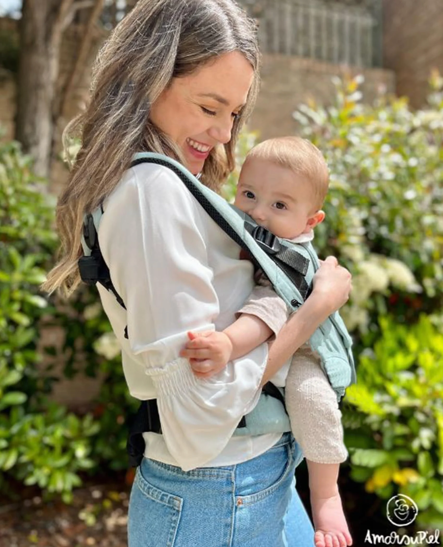 Mochila Porteo Bebe Evolutiva y Ergonomica Portabebes Recien Nacido Algodon Organico Transpirable Mint Liso