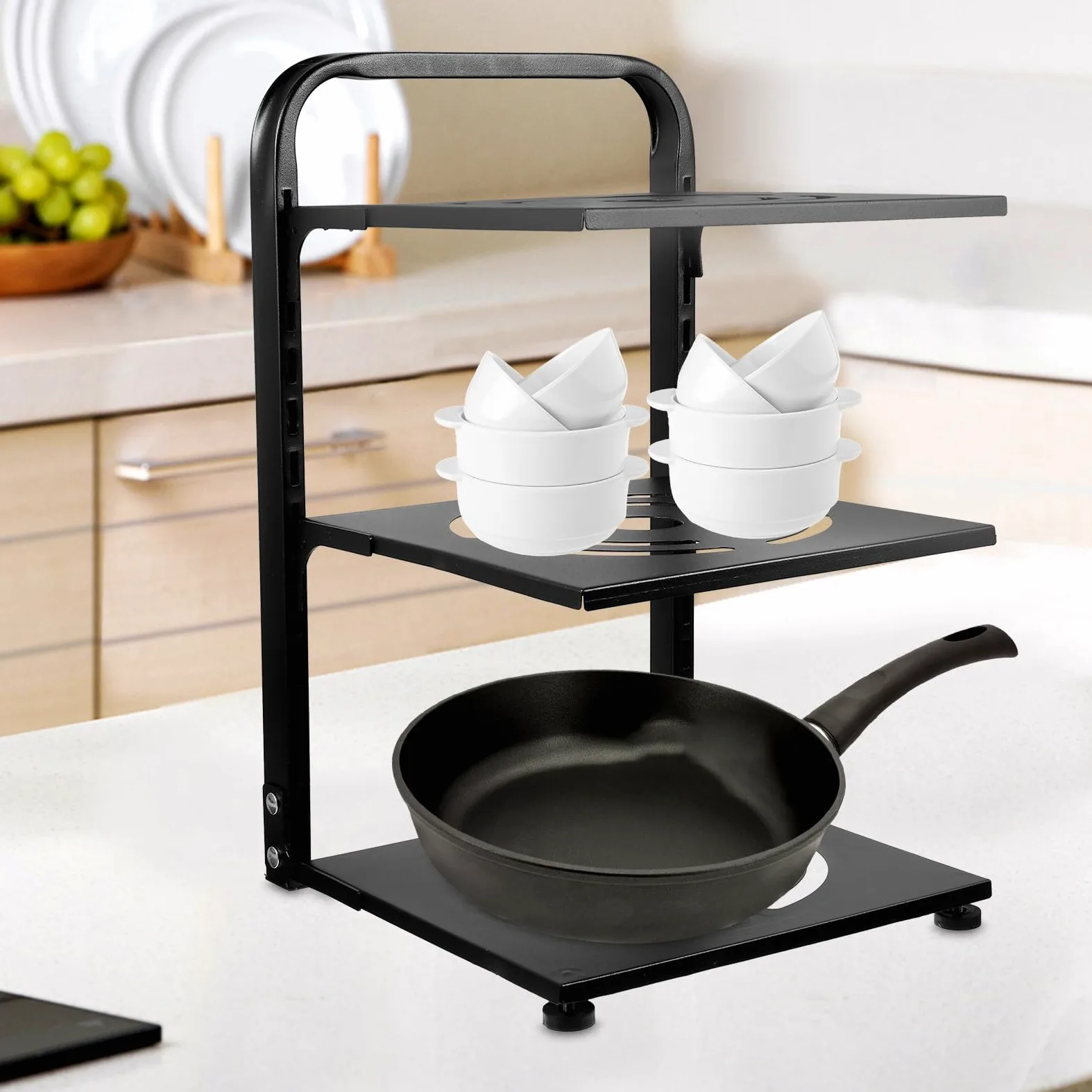 Estante Organizador de Ollas y Sartenes de 3 Niveles Ajustable en Acero al Carbono Negro, Soporte para Botellas y Especias, Adecuado para Armarios y Encimeras de Cocina