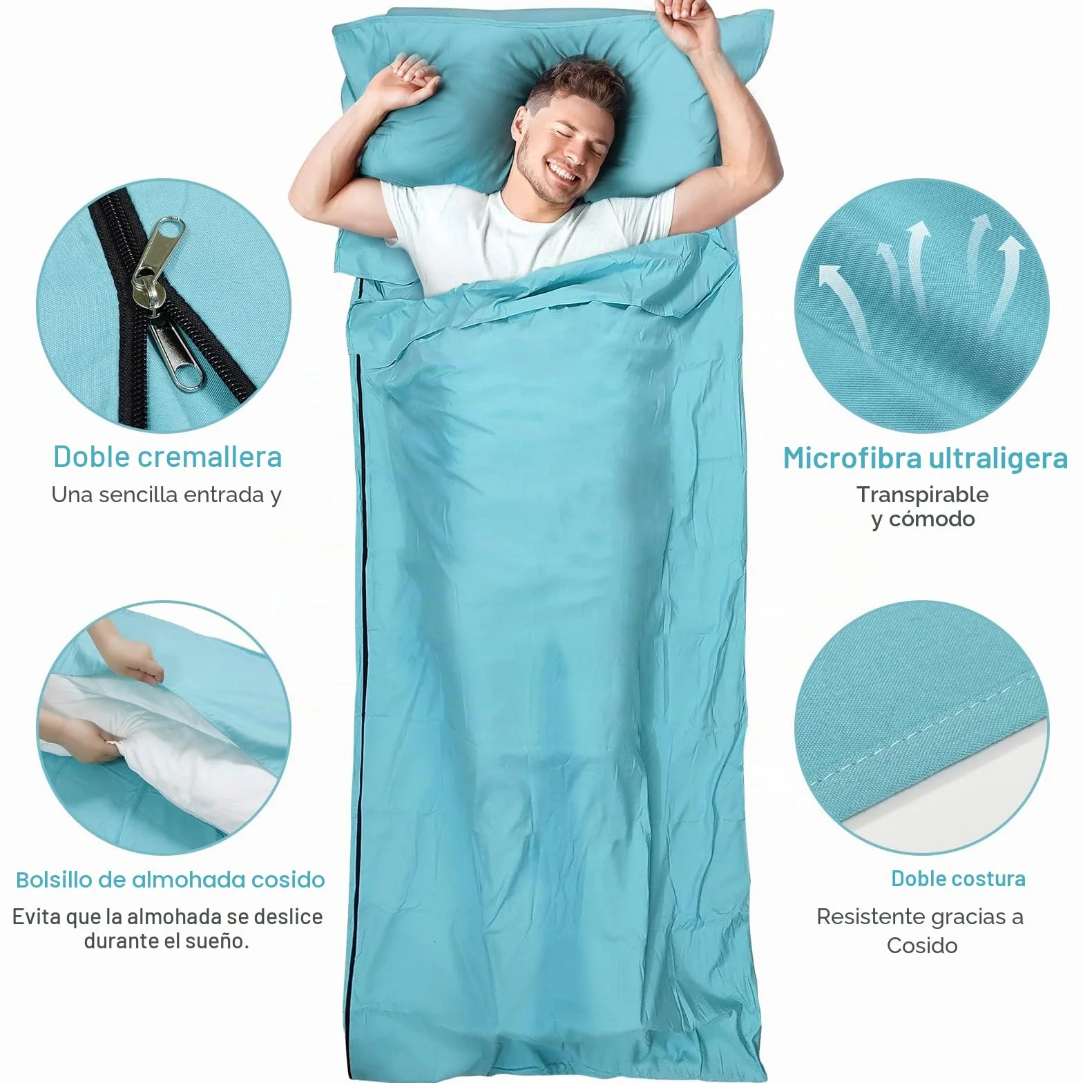 Saco de Dormir Ultraligero 2en1 XL-95 x 220 cm Sábana de Viaje de Microfibra con Compartimiento de Almohada