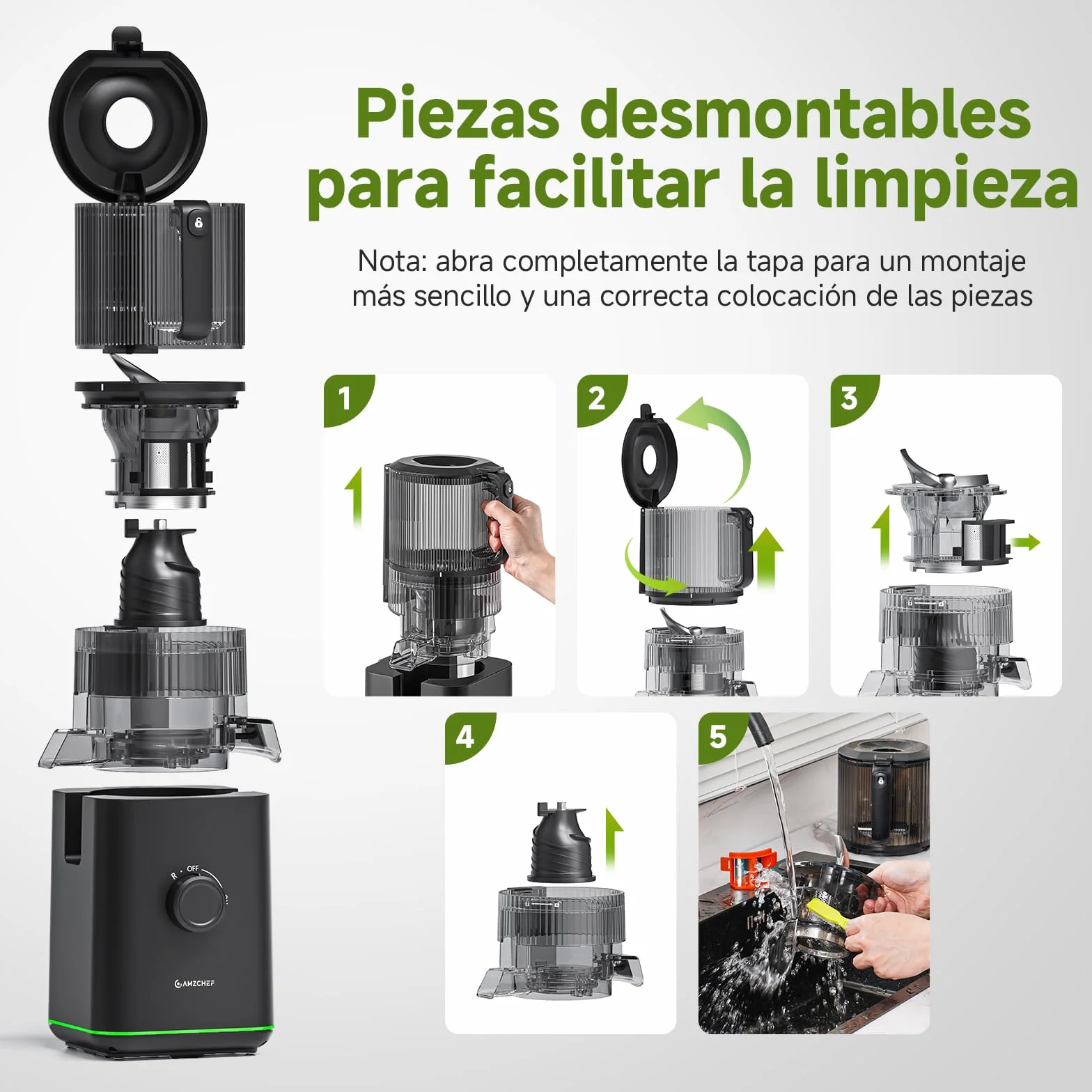 AMZCHEF Extractor de Zumos Prensado en Frío 600W, Licuadora con Boca XL 160 mm, Slow Juicer 2,5 L para Frutas y Verduras Enteras, 2 Filtros (Zumo, Leche Vegetal, Sorbete), Fácil de Limpiar, Negro Mate