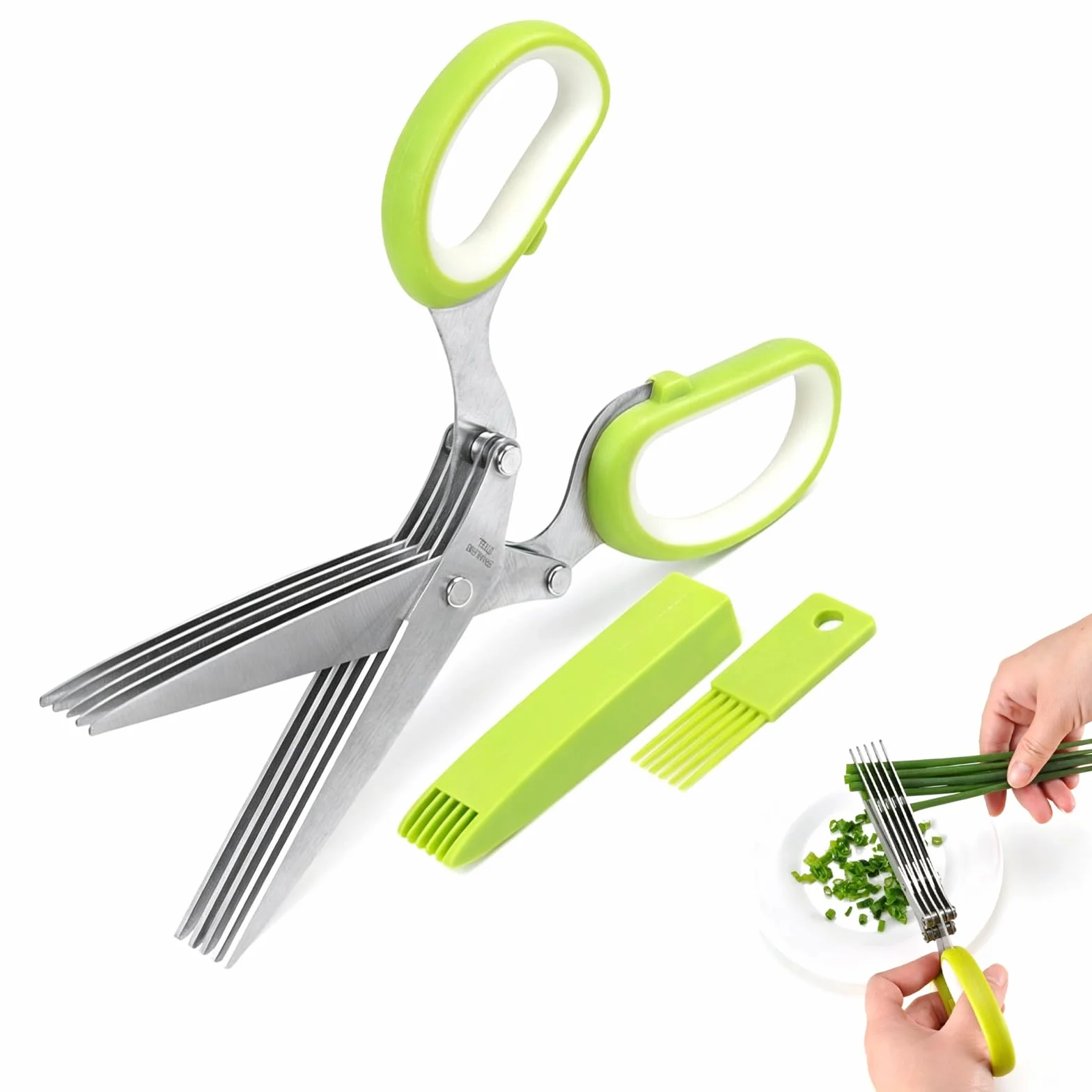 Tijeras Para Hierbas, Tijeras Cocina Acero, 5 Cuchillas De Acero Inoxidable, Con Tapa De Seguridad Y Cepillo De Limpieza, Para Cortar Hierbas, Hierbas, Pimientos, Perejil, Cebolla