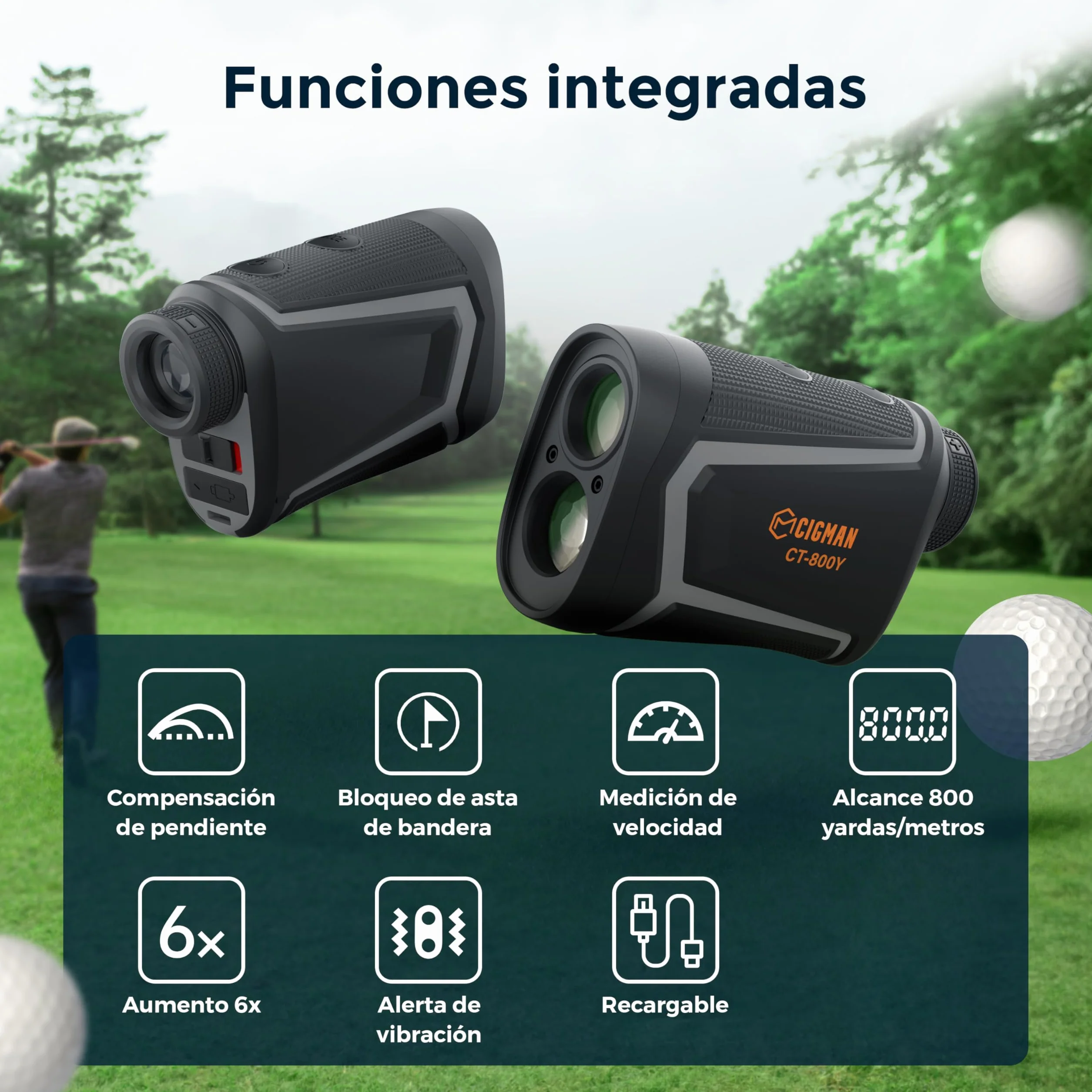 CIGMAN Telémetro Golf 800-1200 Yardas Láser Caza Pendiente Recargable USB Aumento Vibración Bloqueo Asta Bandera
