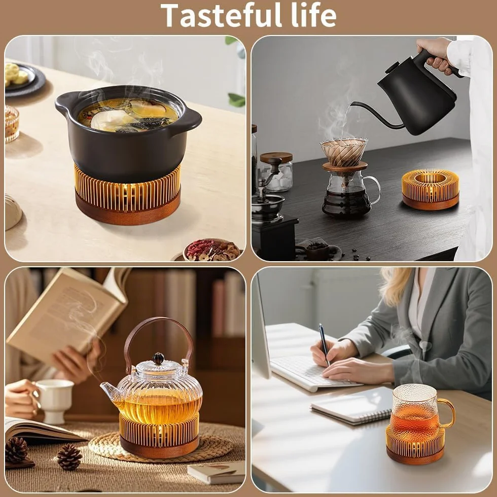 Calentador de Tetera de Aluminio con Base de Madera, Universal para Té, Café, Camping