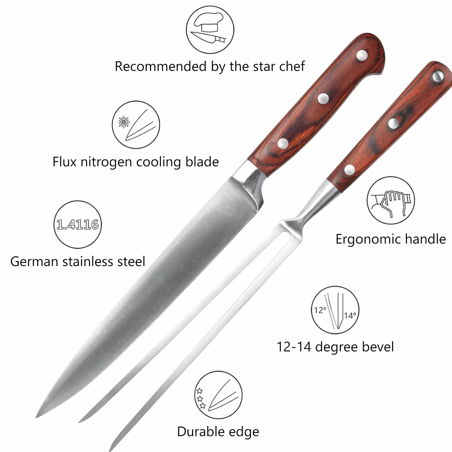Set 2 Utensilios Barbacoa, Utensilios para Barbacoa de Acero Inoxidable, Cuchillo de trinchar y tenedor de 2 piezas, Mango de Madera 100% natural, Cuchillo para Carne y Tenedor para Carne