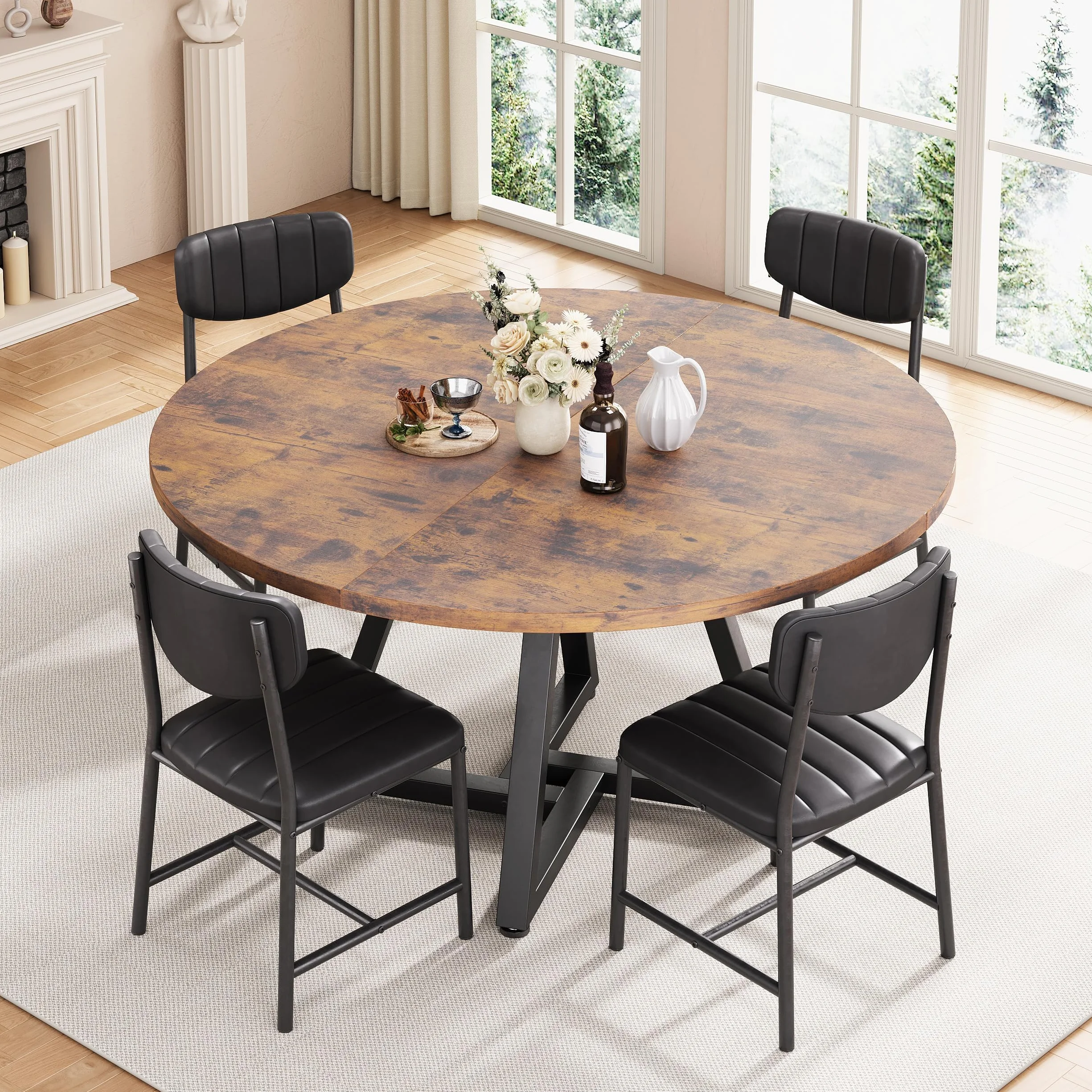 Jocoevol Mesa de Comedor Redonda para 4 Personas, Mesas de Cocina Industrial con Estructura Metálica Estable, Marrón Vintage, 107x107x76 cm