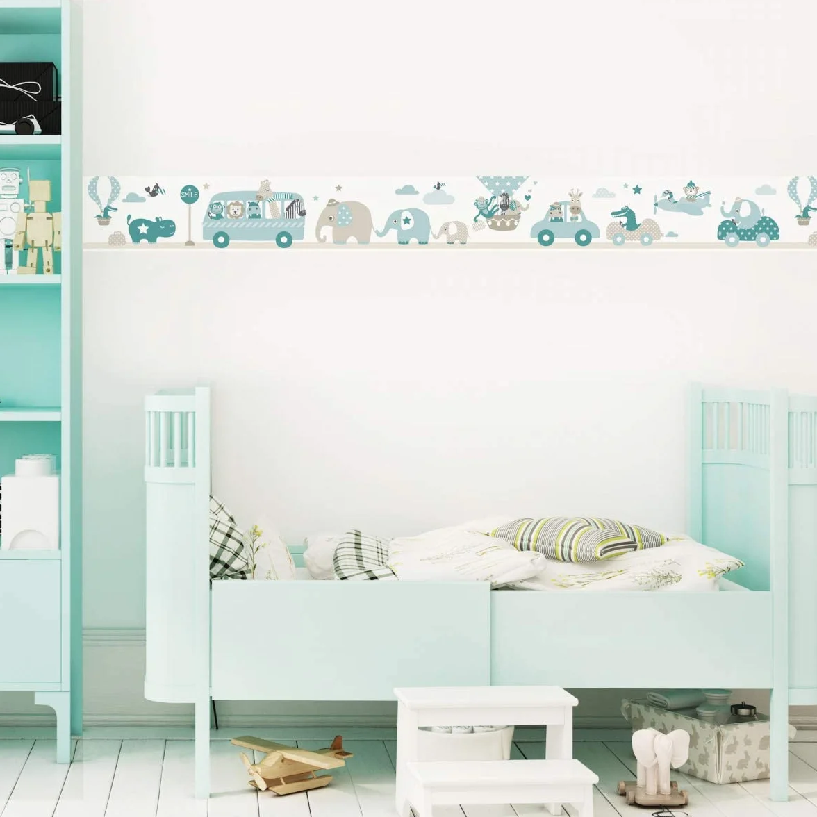 cenefa autoadhesiva, 450 x 11.5 cm, diseño excursión de los animales, color beige-menta-turquesa