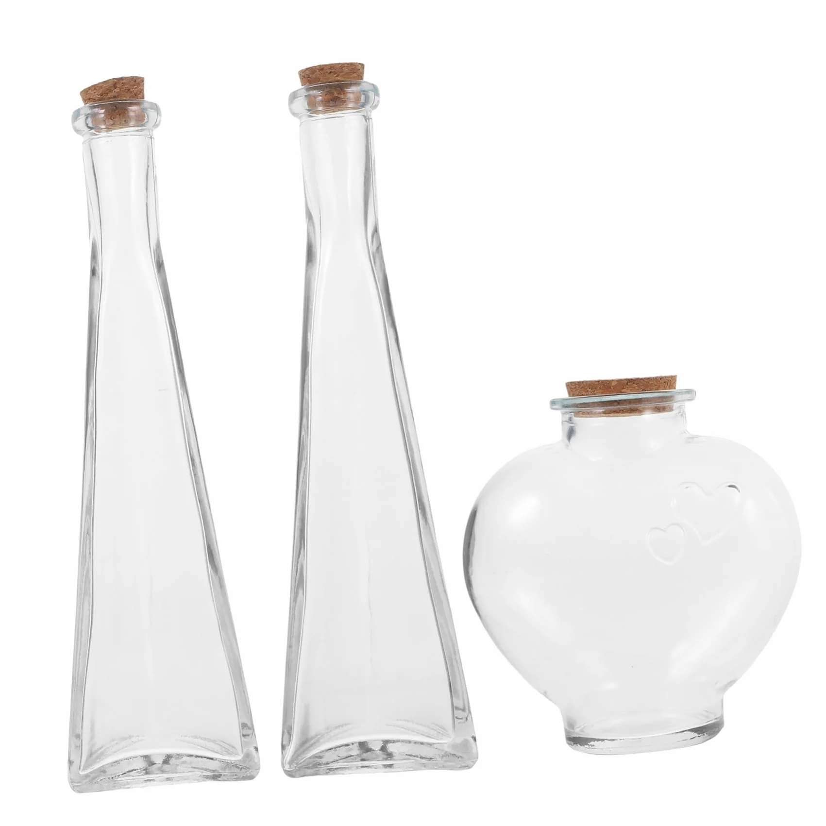 Juego de 3 Botellas Decorativas de Vidrio para Marco Ceremonia Arena Forma de Corazón y Prisma, Ideales para Boda y Uso DIY