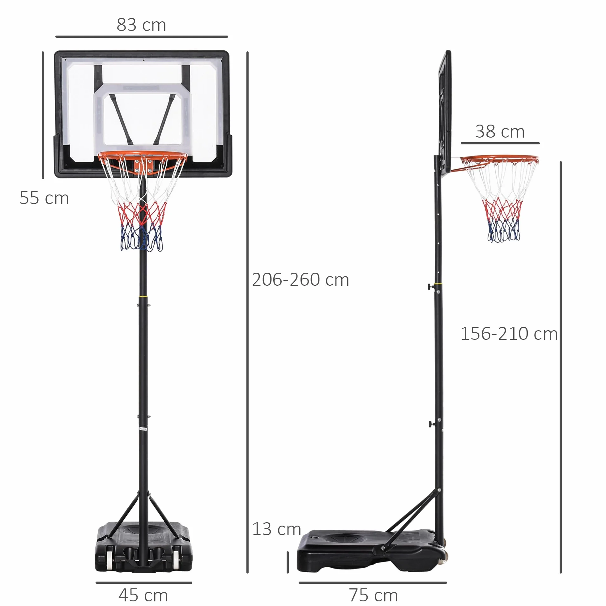 HOMCOM Canasta de Baloncesto Exterior Altura Ajustable 206-260 cm Aro con Ruedas Base Rellenable Negro