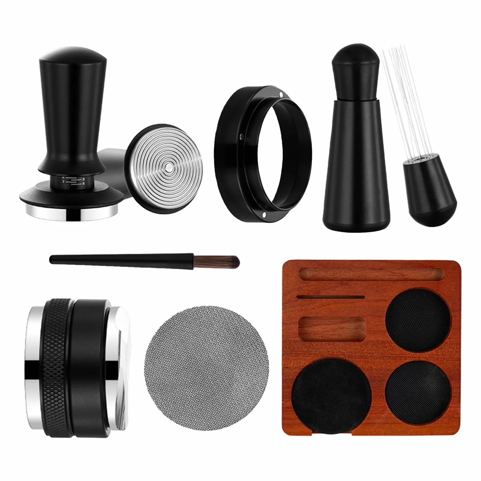 Kit de accesorios para espresso 7 piezas, juego de manipulación de café de 51 mm/58 mm con herramienta WDTde manipulación de café, embudo dosificador, cepillo de pantalla, estación de apisonamiento