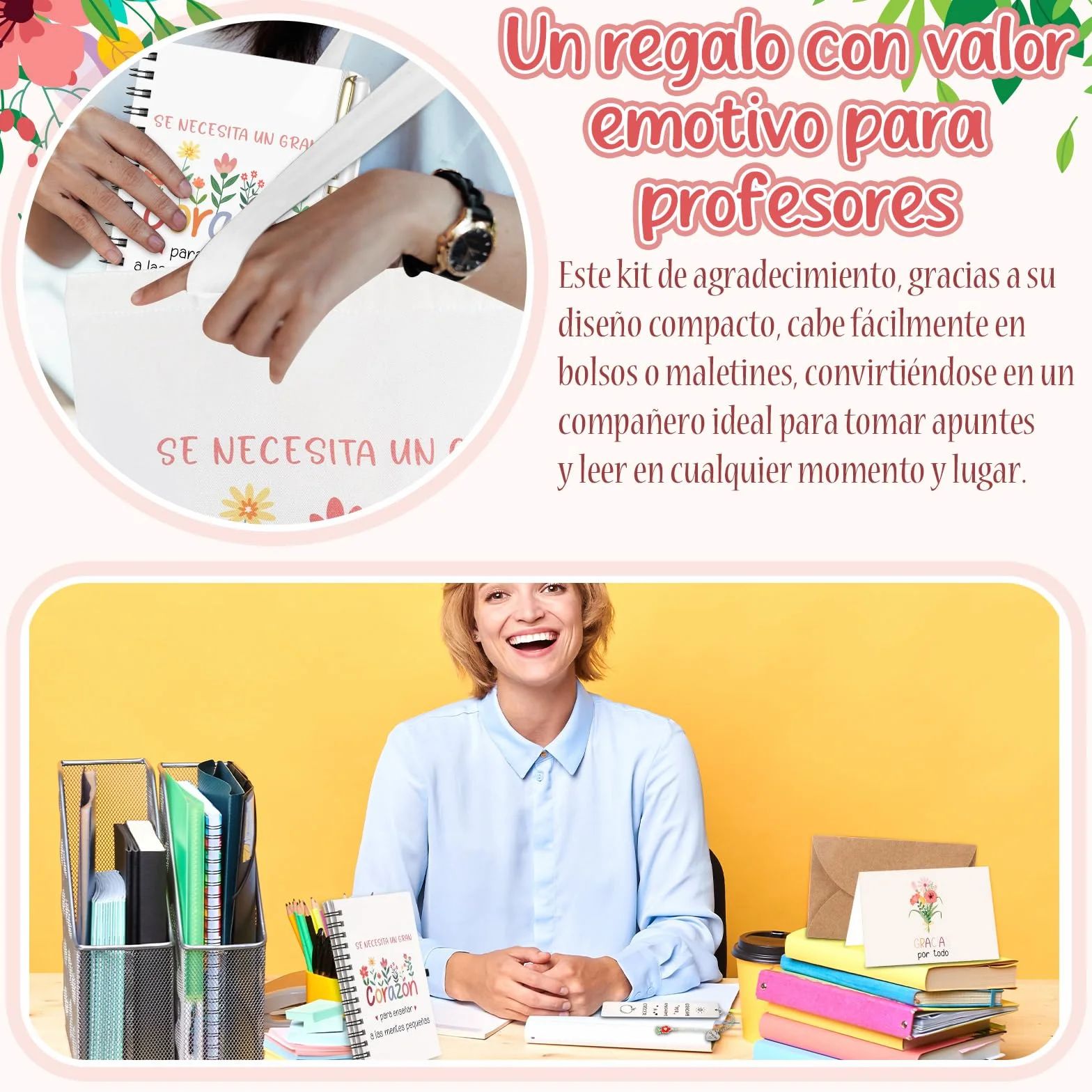 Sinmoe 6 Piezas Kit Regalos Profesora Infantil Regalo Maestra Bolsa Profesora Libreta Maestra Bolígrafo Tarjeta Agradecimiento con Sobre Marcadores de Libros de Metal para Graduación