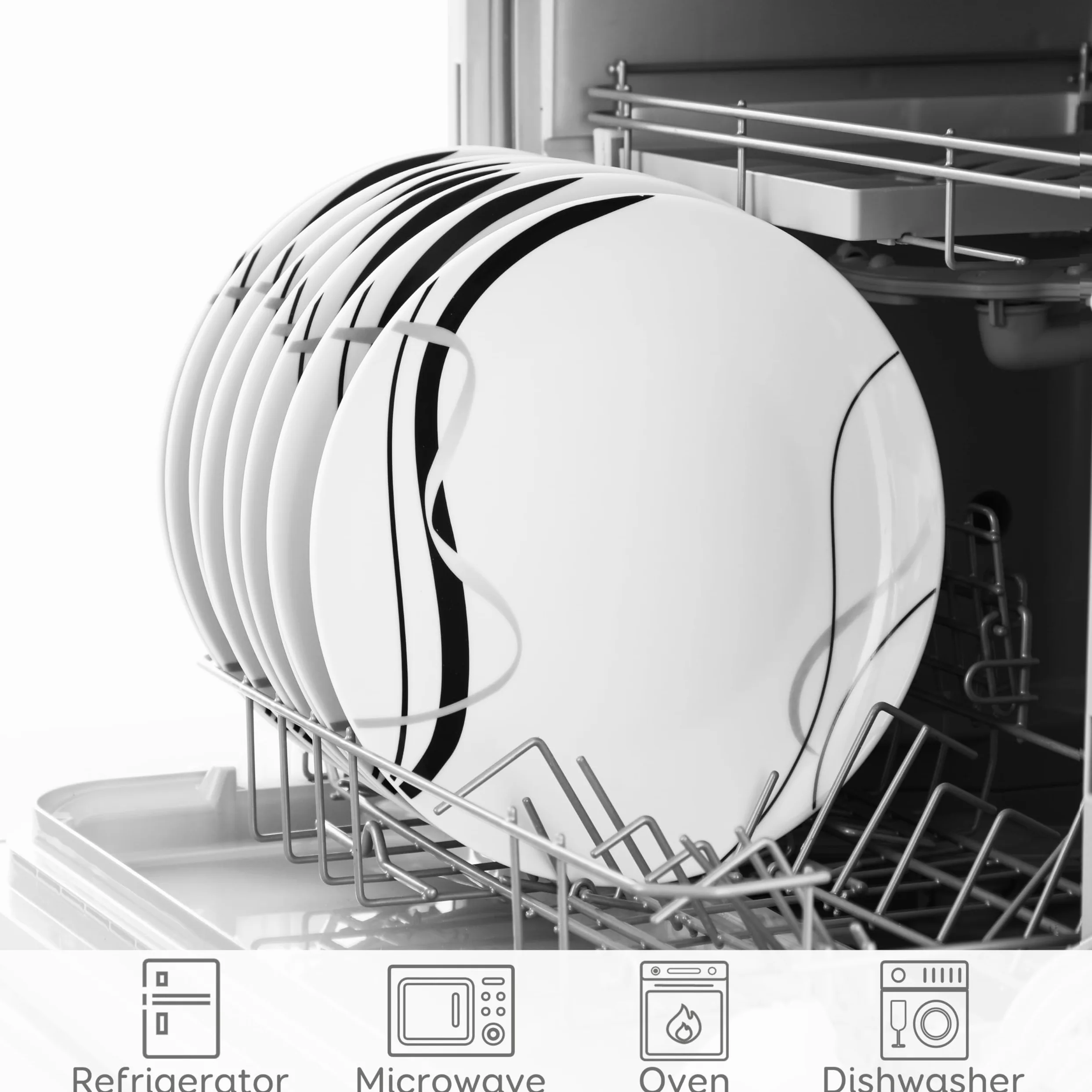 VEWEET Juego de 6 Platos Llanos, Platos de Porcelana 27,4 x 3 cm, Platos Redondos para 6 Personas Platos Modernos de Pasta con Líneas Negras y Plateadas, Aptos para Microondas y Lavavajillas, FIONA