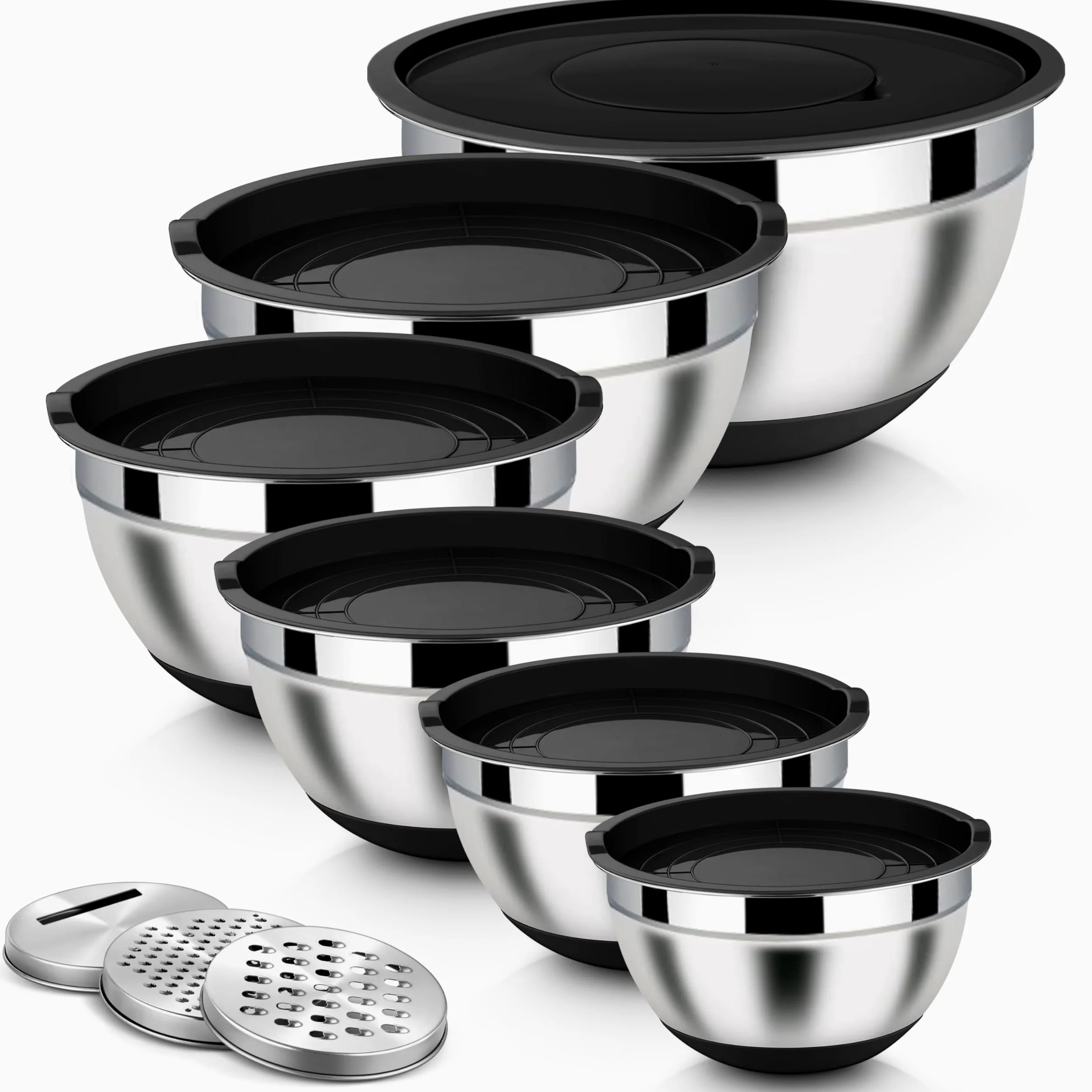 Homikit Juego de 6 cuencos para mezclar, acero inoxidable, color negro, ensaladera con 3 accesorios para mezclar y mezclar, tapa hermética y base de silicona, 4,6 l, 2,8 l, 2,5 l, 1,6 l, 1,2 l, 0,7 l,