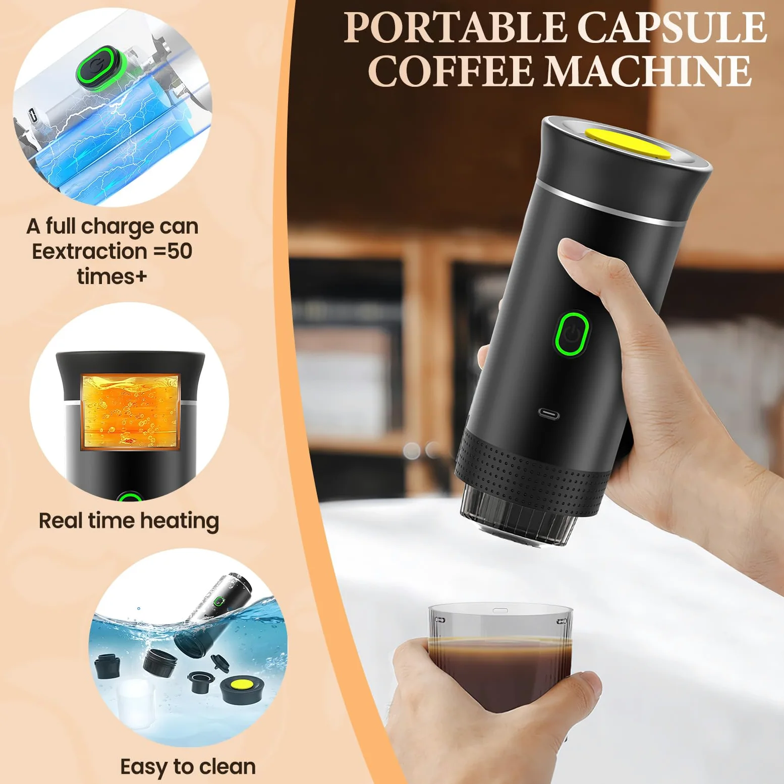 Kouamor Cafetera portátil, cafetera portátil, máquina de espresso, máquina de café eléctrica 3 en 1, cápsula grande, cápsula pequeña, café en polvo, para camping, caravana, oficina, hogar, coche