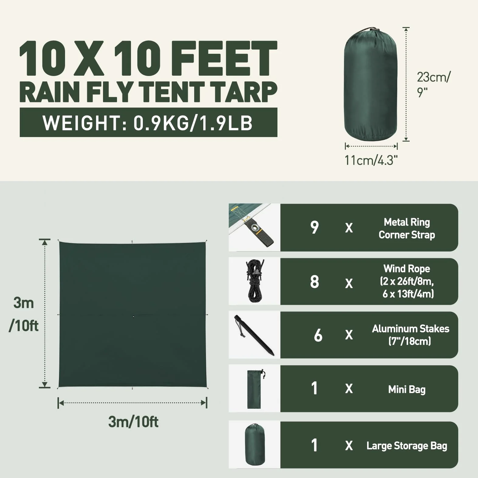 Toldo Camping 3x3m Impermeable Ultraligero Portátil Protección UV Anti Desgarro Tarp Picnic Pesca Senderismo Verde Oscuro