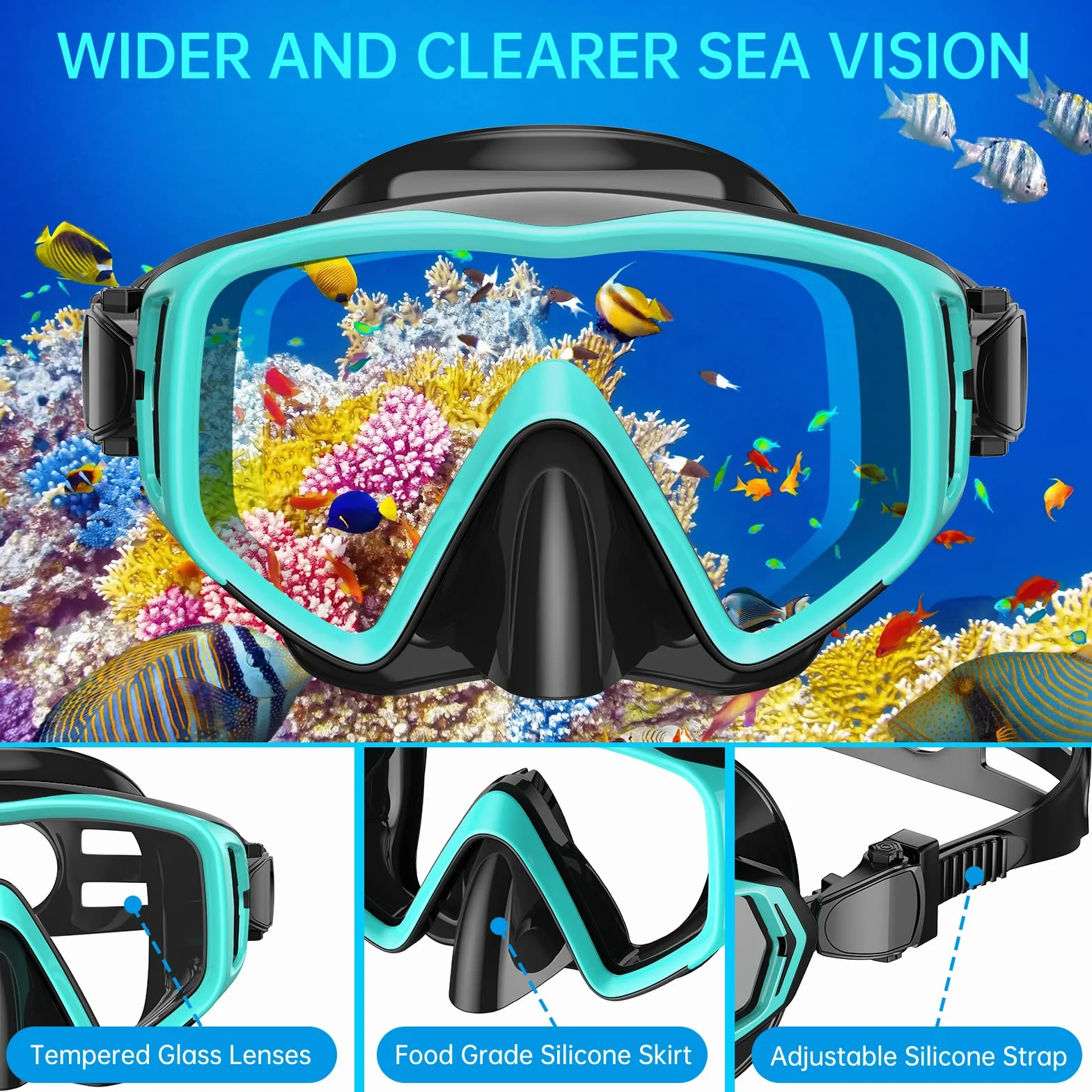 Gafas de Buceo y Tubo de Snorkel Set para Adulto, Panorámico 180° Cristal Templado Dry Top, Equipo Profesional