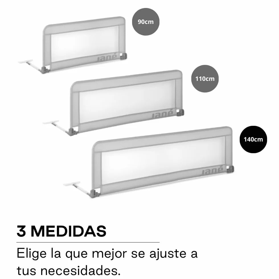 Jané Barrera de Cama Abatible 140 cm, Extra Alta y Transpirable, Plegable con Bolsa de Transporte, Gris