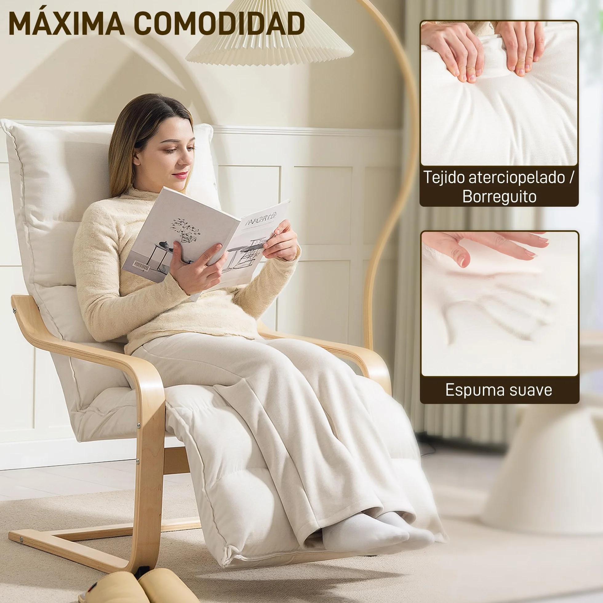 HOMCOM Sillón de Salón con Reposapiés Ajustable, Butaca de Salón Tapizada en Terciopelo, Marco de Madera, Sillón de Relax para Dormitorio, Oficina, Estudio, 67x93x105 cm, Crema