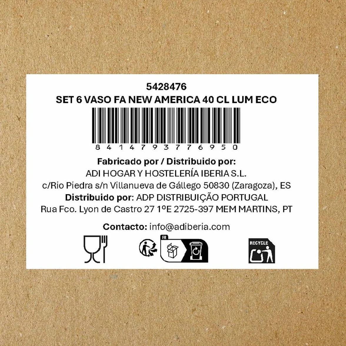Luminarc New America Set 6 Vaso Alto Vidrio Eco 40cl Sodo Ecológico