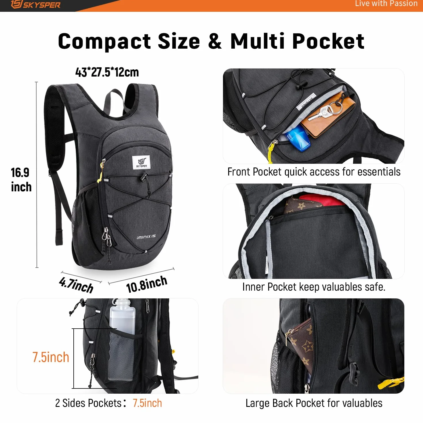 SKYSPER Mochila Plegable Ultraligera 15L Senderismo Correa Pecho Viaje Pequeña