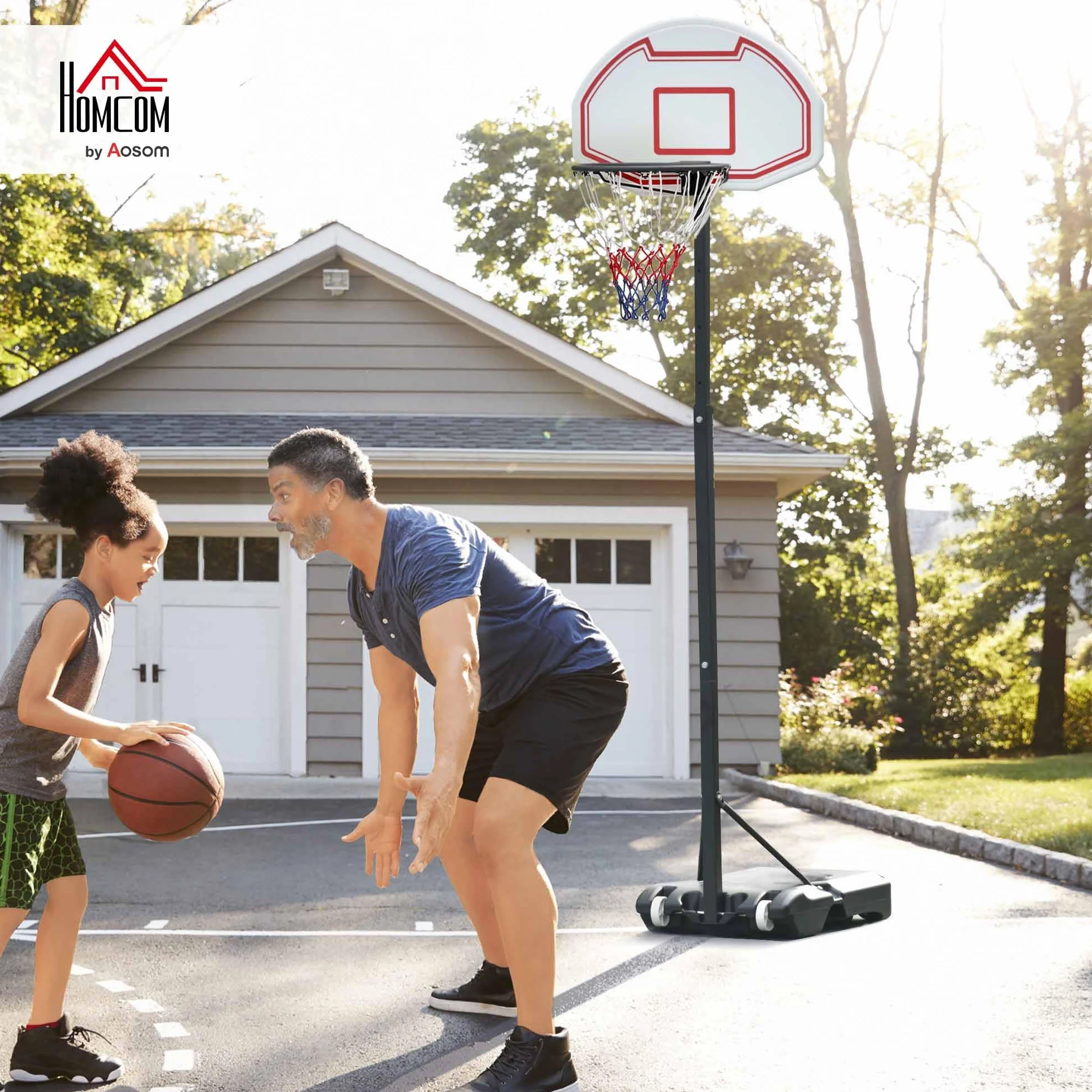 HOMCOM Canasta de Baloncesto de Pie Ajustable 194-249 cm Base Rellenable Agua 30 kg Arena 35 kg Ruedas Transporte Multicolor