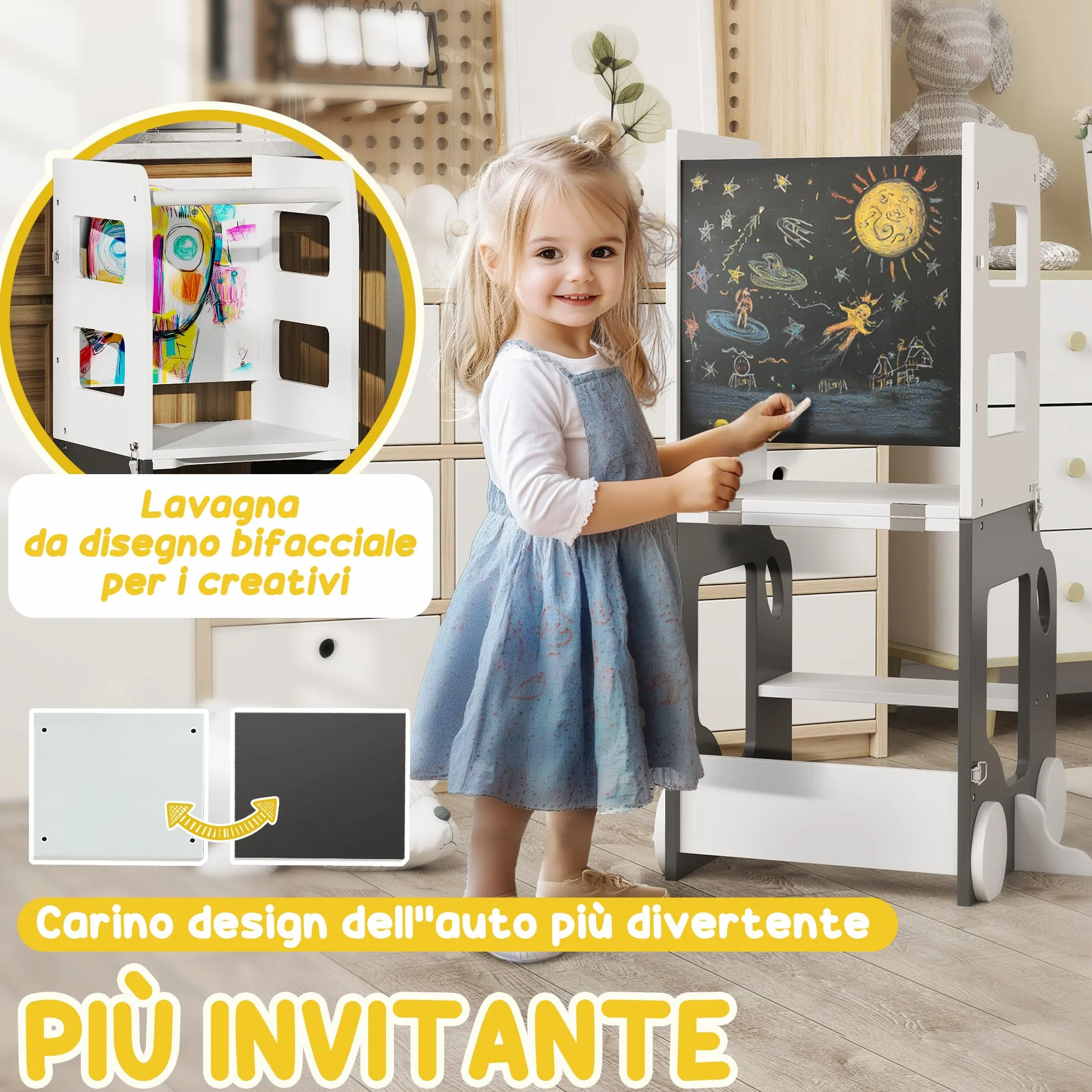 AIYAPLAY Torre de Aprendizaje Montessori 4 en 1 Taburete para Niños +3 Años 58x46x92 cm Blanco y Gris