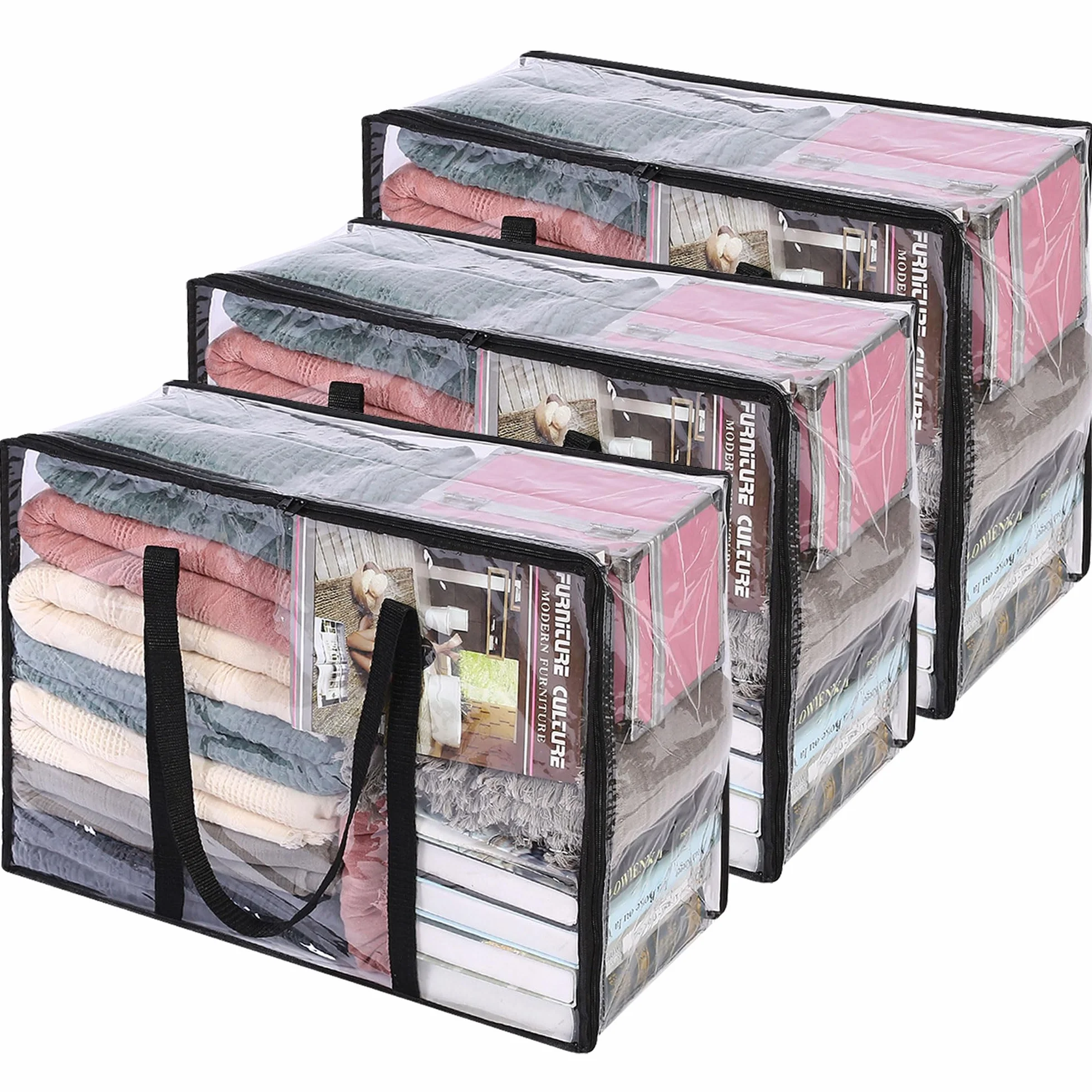 Vieshful 3 Piezas Transparentes Bolsas para Guardar Ropa, Bolsas Almacenaje Ropa Plegable 40L de PVC, Organizador Armario, Cajas Almacenaje con Asas para Edredón Mantas Mudanza Móviles Juguetes