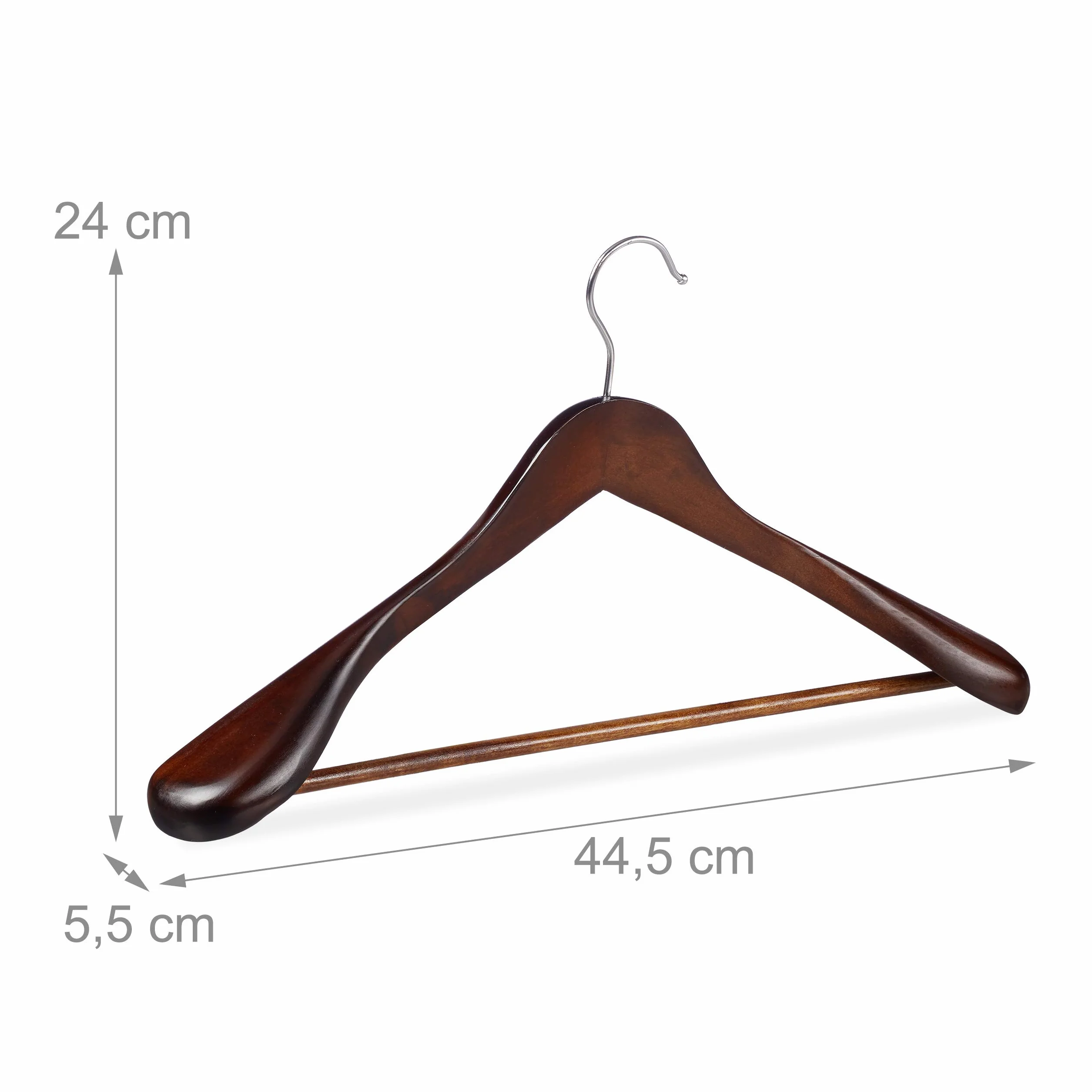 Relaxdays Pack 5 Perchas Traje Anchas, Colgadores Chaquetas, Pantalones, Madera-Metal, 24x44,5x5,5 cm, Marrón