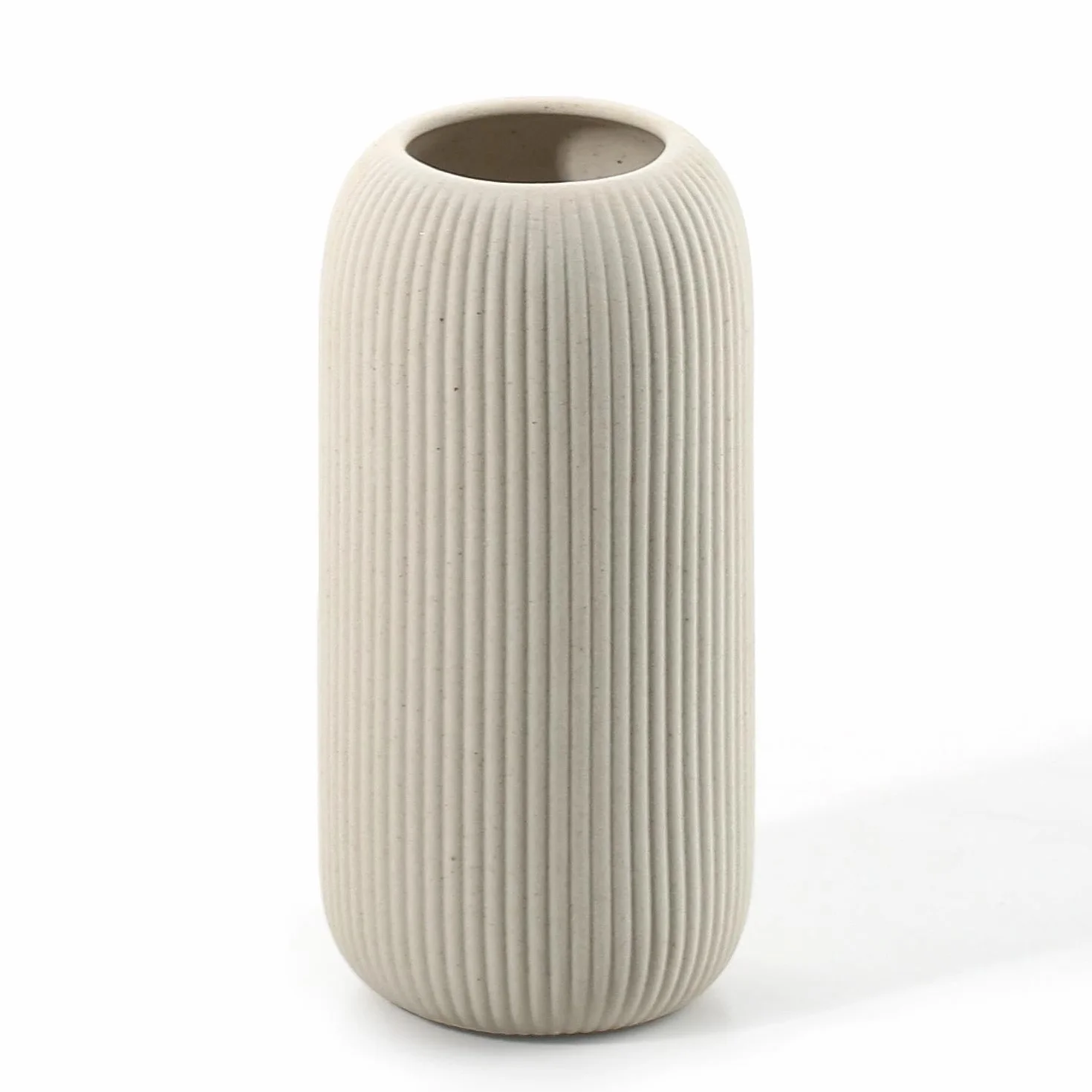 Jarrón moderno de cerámica, color blanco, acanalado, forma cilíndrica (beige)