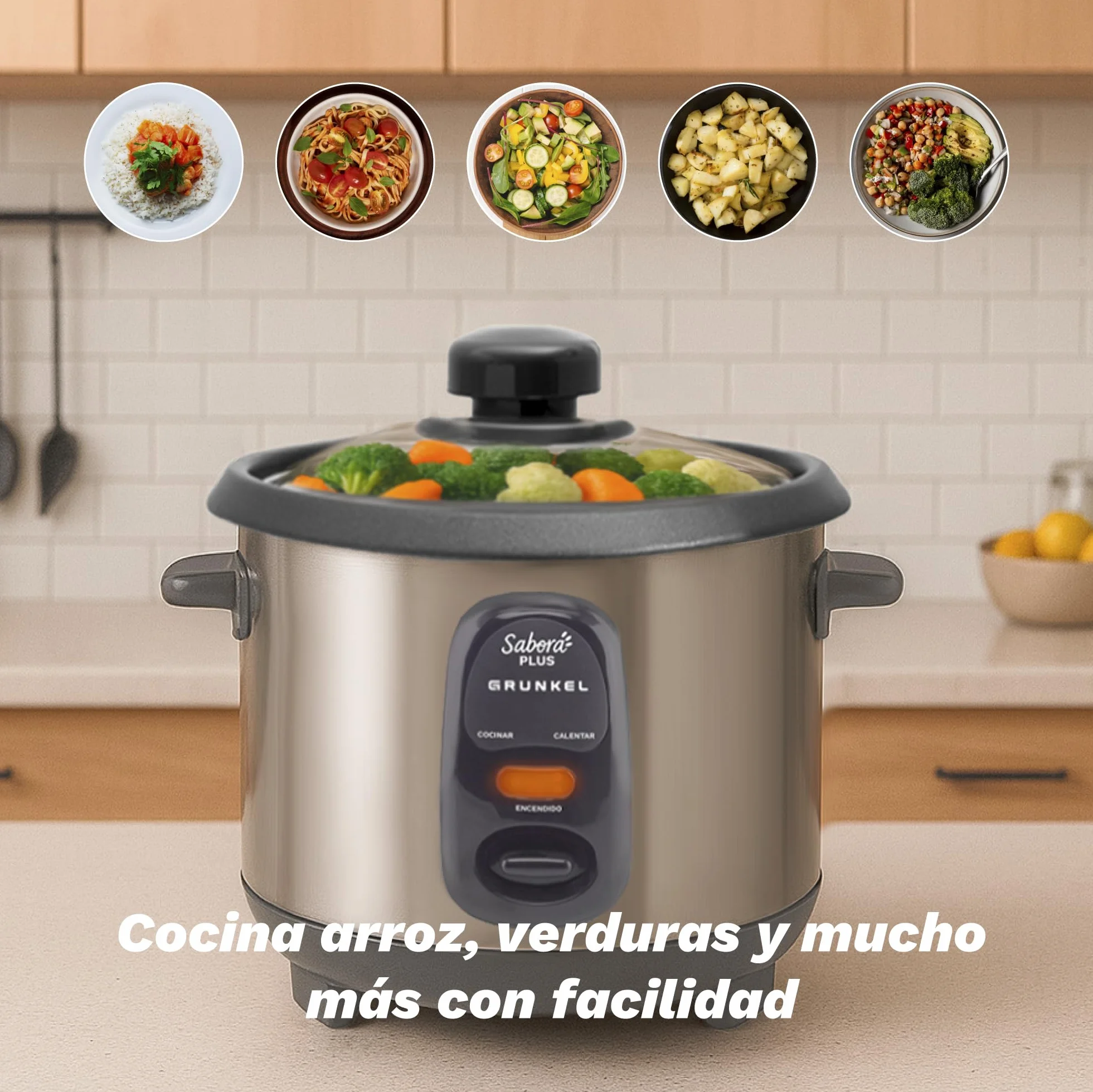 GRUNKEL - Arrocera Eléctrica RC-18L 700W | Capacidad 1,8 Litros | Función Mantener Calor | Cubeta Antiadherente | Exterior Acero Inoxidable | Indicadores Luminosos