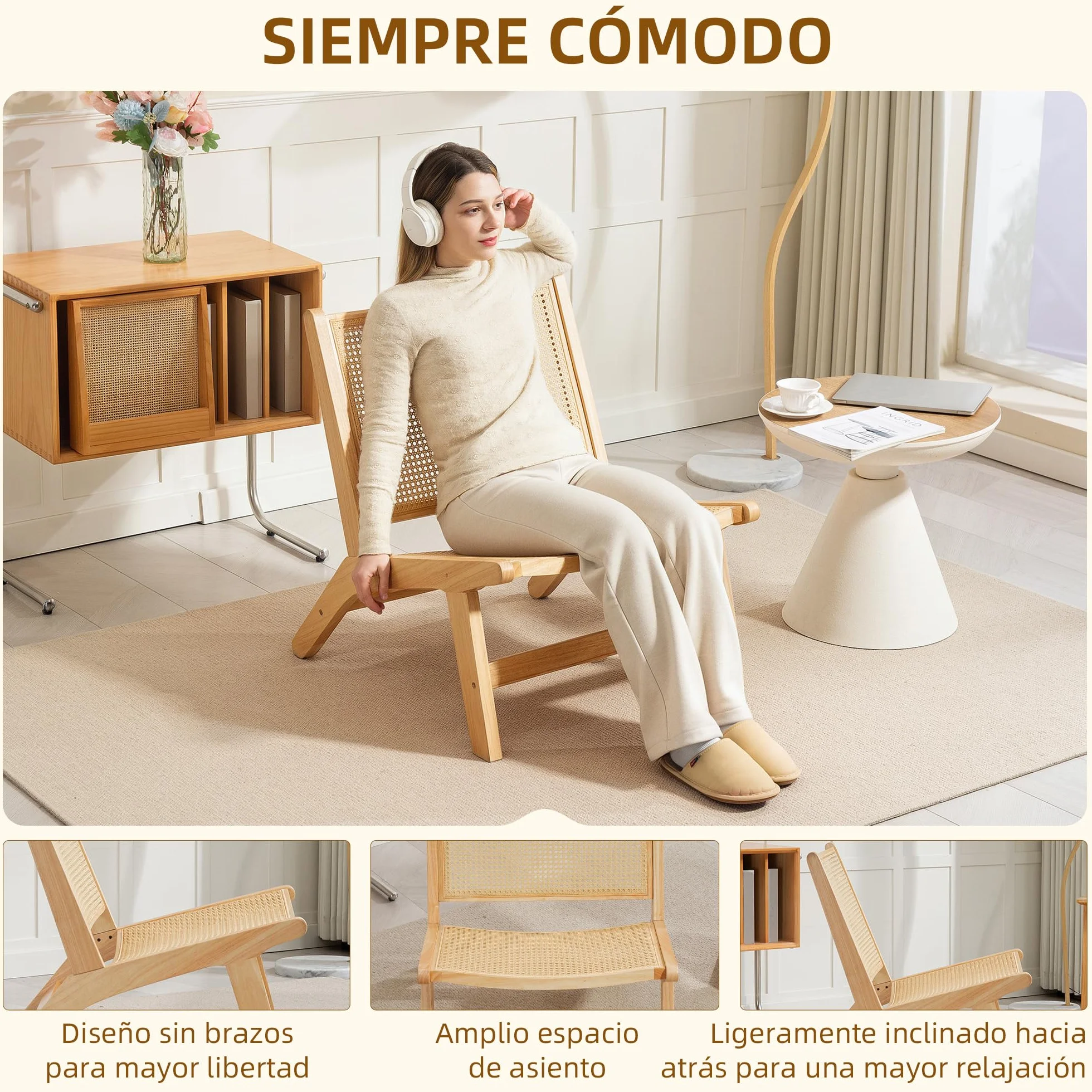 HOMCOM Sillón de Salón Nórdico Butaca de Salón con Respaldo y Asiento Amplio de Ratán Marco de Madera Butaca para Dormitorio Sala de Estar Natural