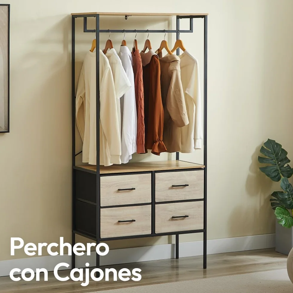 CASABEL Armario Abierto para Ropa 80×40×167 cm con 4 cajones de Tela rígida, cómoda compacta para Dormitorio o recibidor, Estructura de Metal Negro y Tablero de Madera
