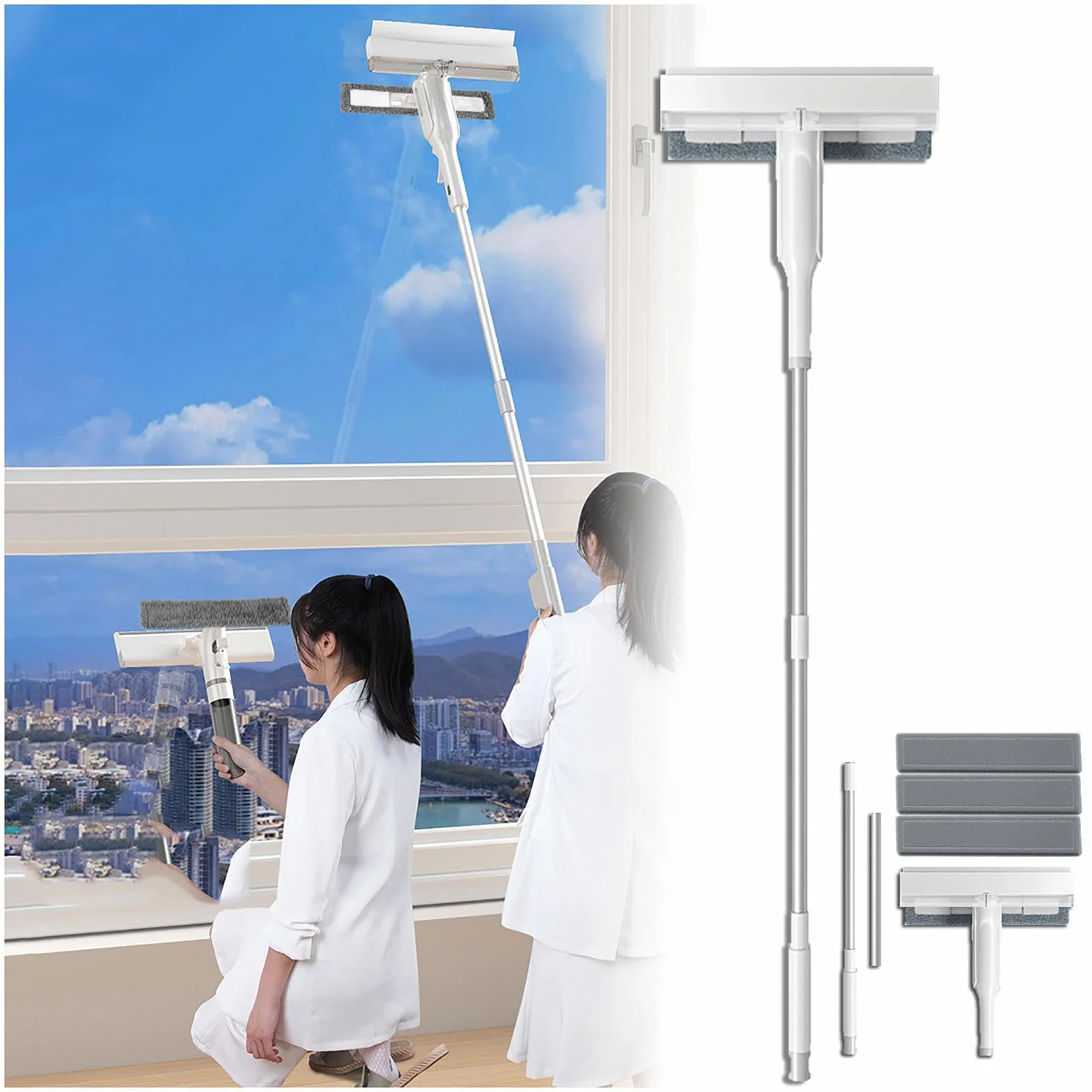 4 en 1 Spray Limpiacristales con Colector De Aguas Residuales Y 3 Paños Microfibra, Rasqueta Limpiacristales con Varilla De Extensión para Ventana De Coche De Ducha