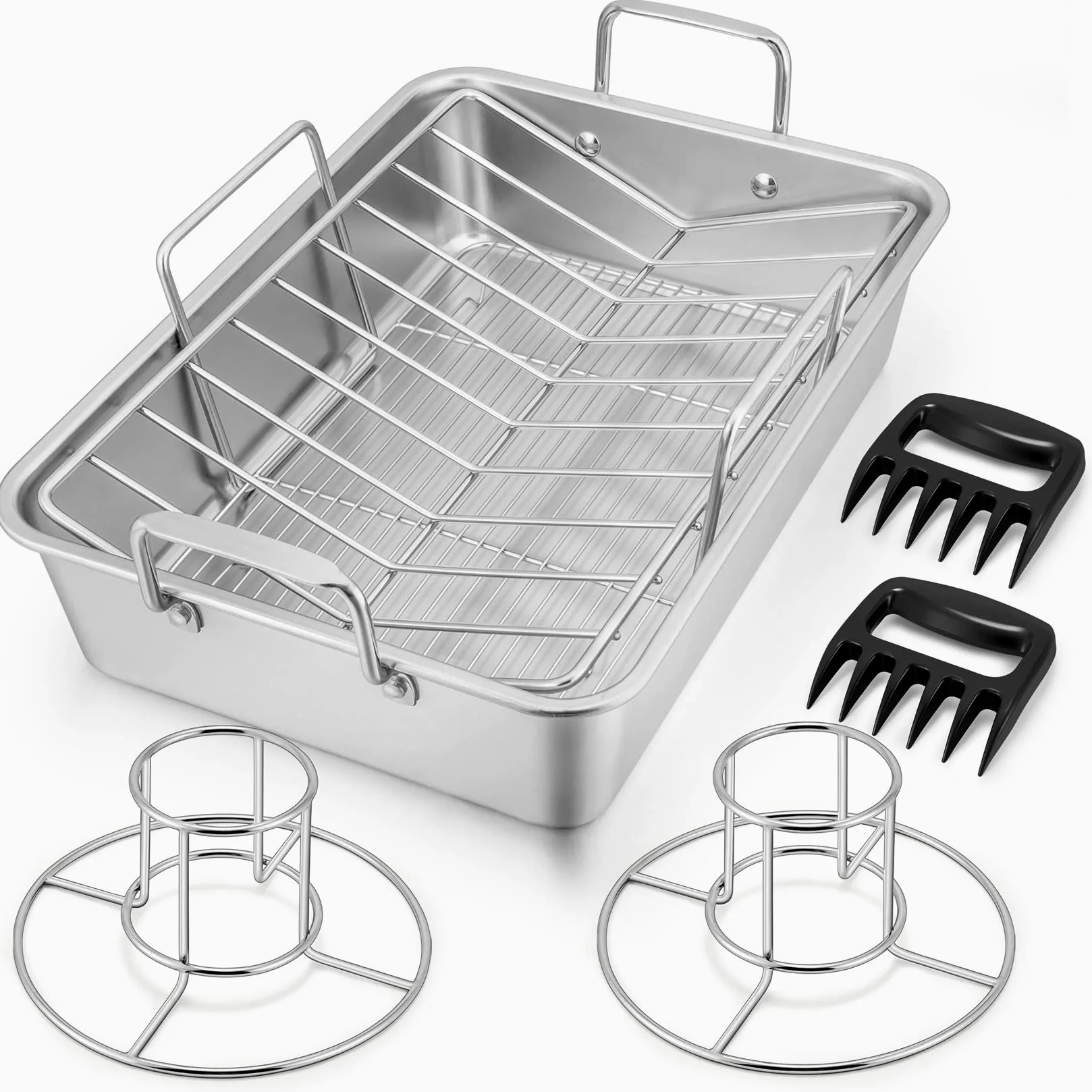 Sartén para asar de 15 ¼ pulgadas con rack, 7 piezas P & P CHEF tostadora de acero inoxidable con bandeja para hornear plana y en forma de V, soporte para pollo a la parrilla, garras para triturar