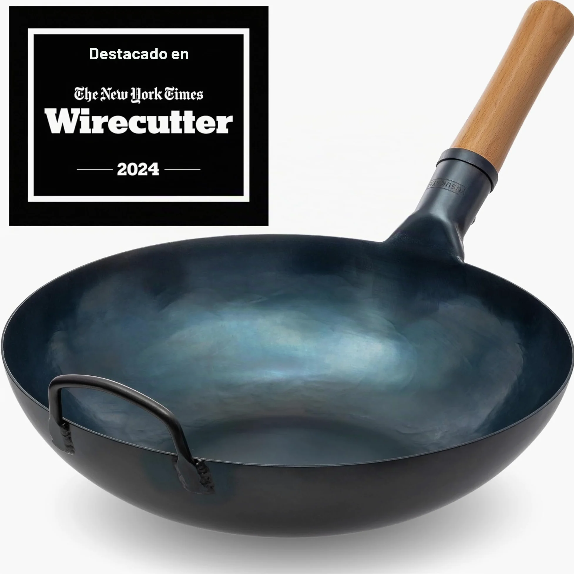 YOSUKATA Sartén Wok de Acero al Carbono 34 cm + Tapa Para Sartén Wok de Madera Natural de 34 cm