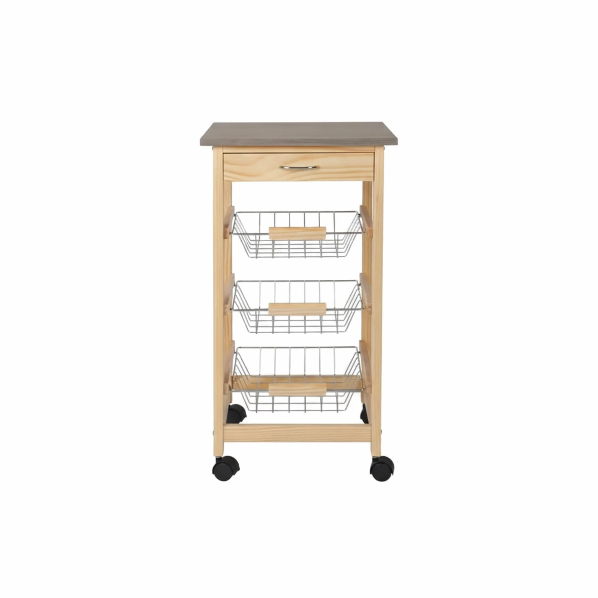 INDE MOBLEKIT | Carrito Auxiliar con Ruedas 3 Estantes con Cajón, Verdulero de Cocina en Madera Natural, Verdulero Práctico para Frutas y Verduras, Mueble Auxiliar de Cocina con Estantes