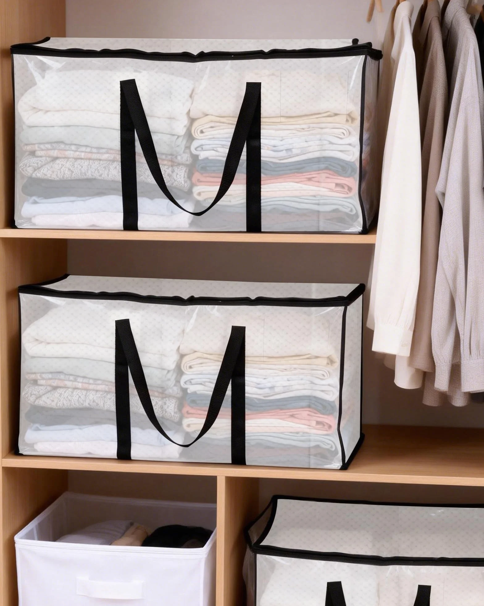 2 Piezas 95L Bolsas de Almacenamiento Grandes con Tapa - Bolsas de Mudanza Transparentes, Organizador de Ropa y Mantas, Impermeable y Plegable para Ropa de Cama, Mudanzas, Hogar y Juguetes