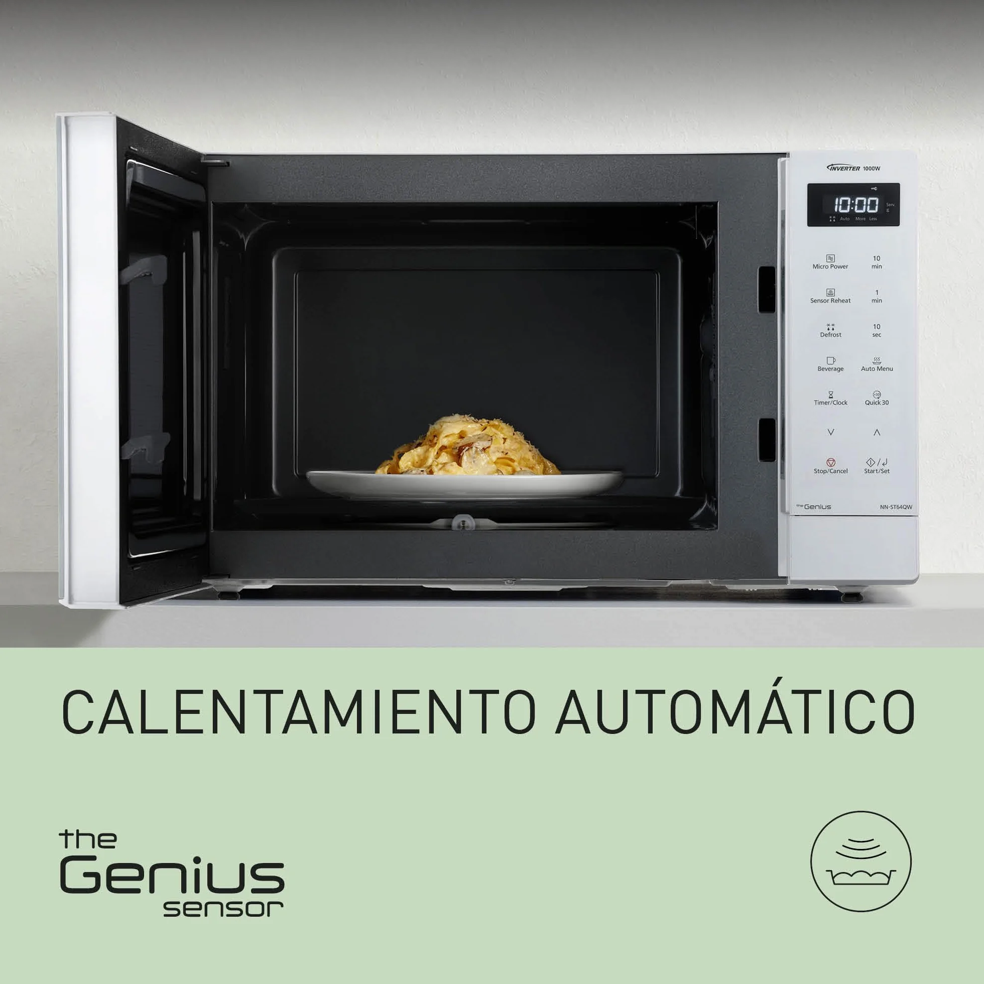 Panasonic NN-ST64QWEPG Microondas Solo Inverter 32L, 1000 Vatios Potencia, 20 programas automáticos, Función Quick 30, Control Táctil, Cocción Uniforme y Descongelación, Blanco