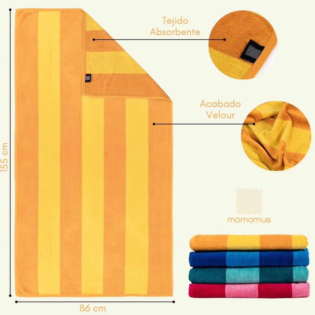 MOMOMUS Toallas de Playa Grandes Juego de 4 86x155 cm Tacto Velour Rayas Cabana Ultraabsorbentes