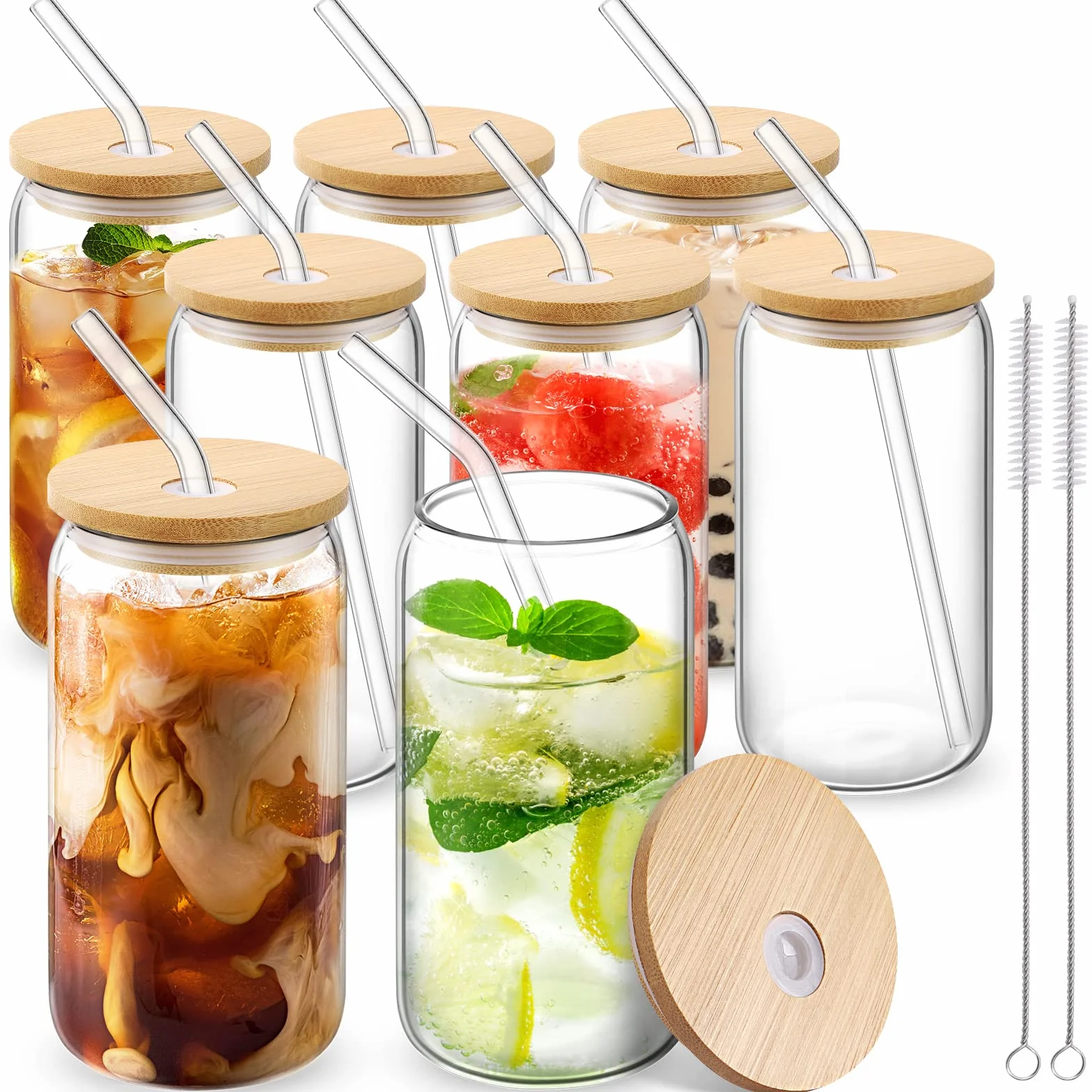 Juego de 8 vasos de cerveza con tapas y pajita, vasos de cerveza de 16 onzas, vasos de bebida en forma de lata, vasos de café helado, ideal para whisky, soda, té, gran regalo + 2 cepillos de limpieza