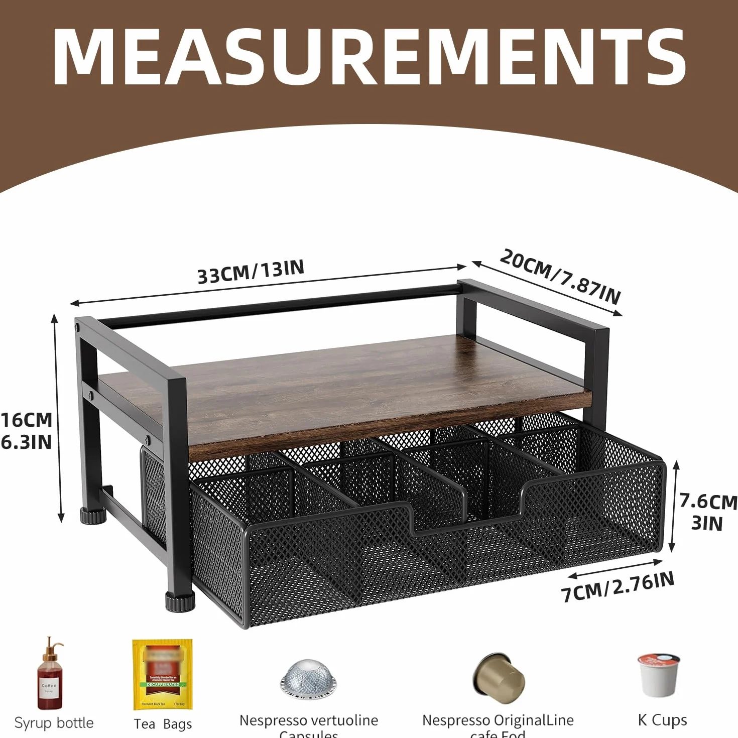 Soporte Metálico para Bolsitas de Té con 8 Compartimentos,Caja Te Organizador de Infusiones con Cajón,Negro