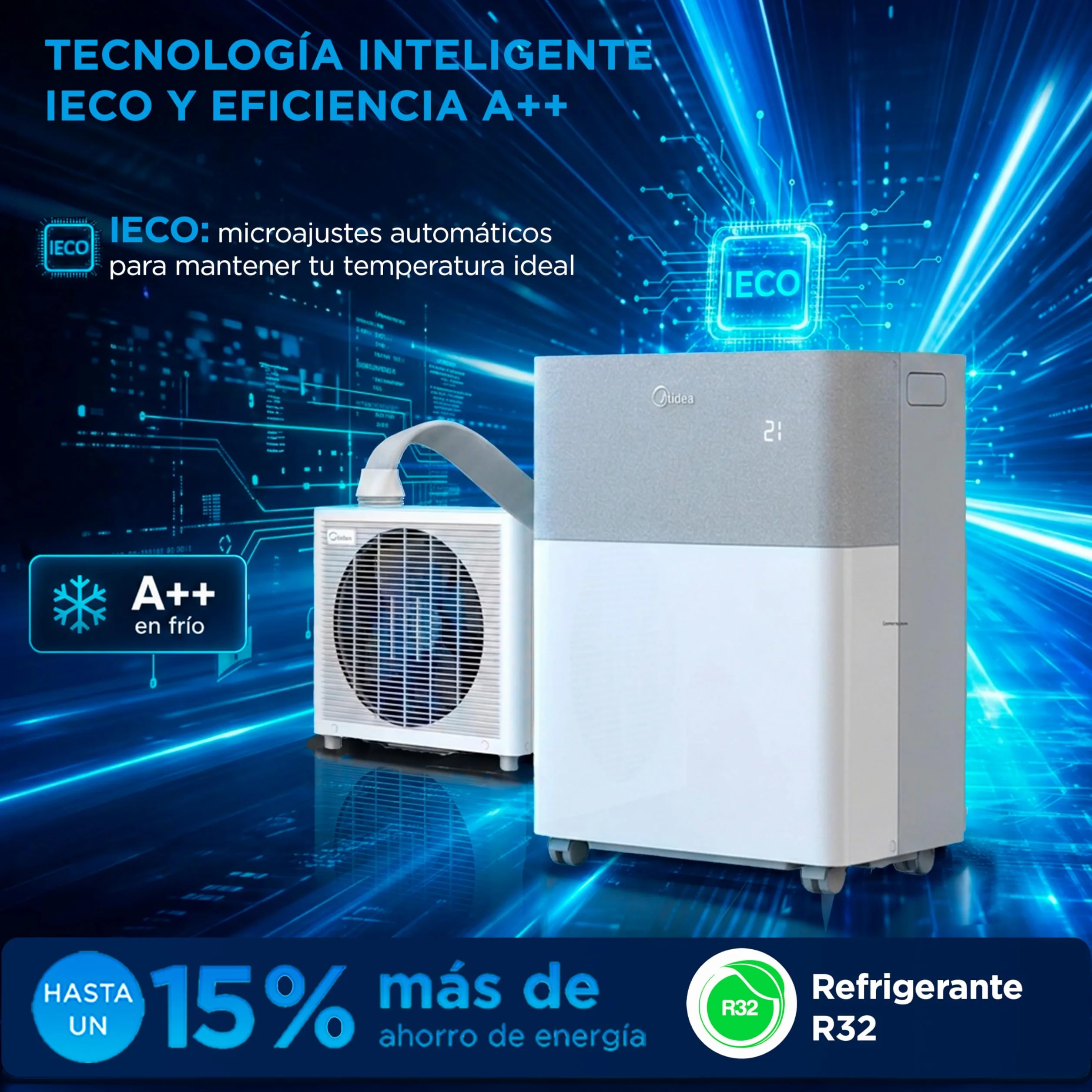 Midea Portasplit Aire Acondicionado Portatil 4 en 1 | 3000 frigorías / 12000 BTU | Split sin Obra de Bajo Consumo con modo Silence, App/Wifi, Deshumidificador, Calefacción y Ventilador hasta 45 m2